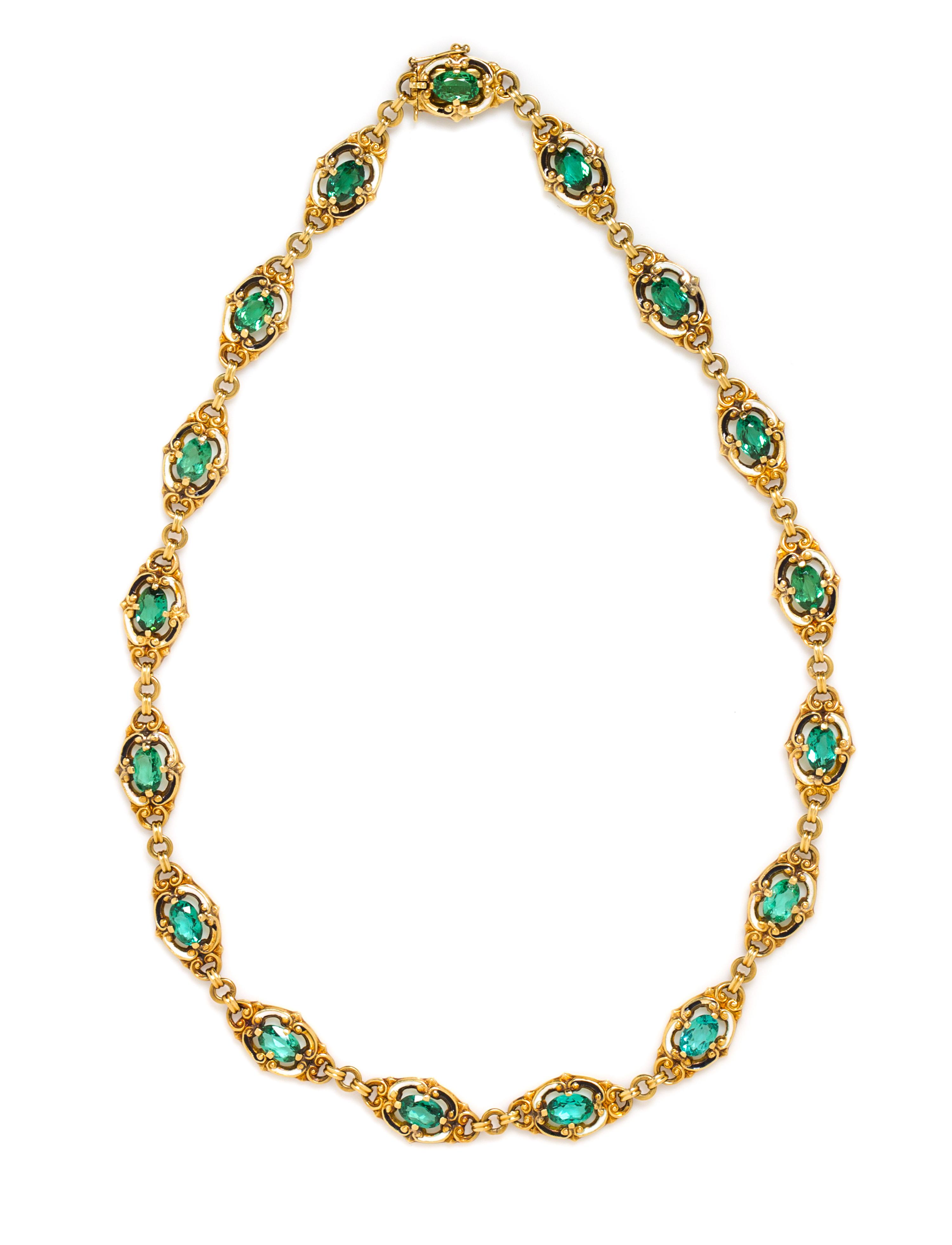An Art Nouveau Yellow Gold, Tourmaline and Polychrome Enamel Necklace, 15.00 dwts.