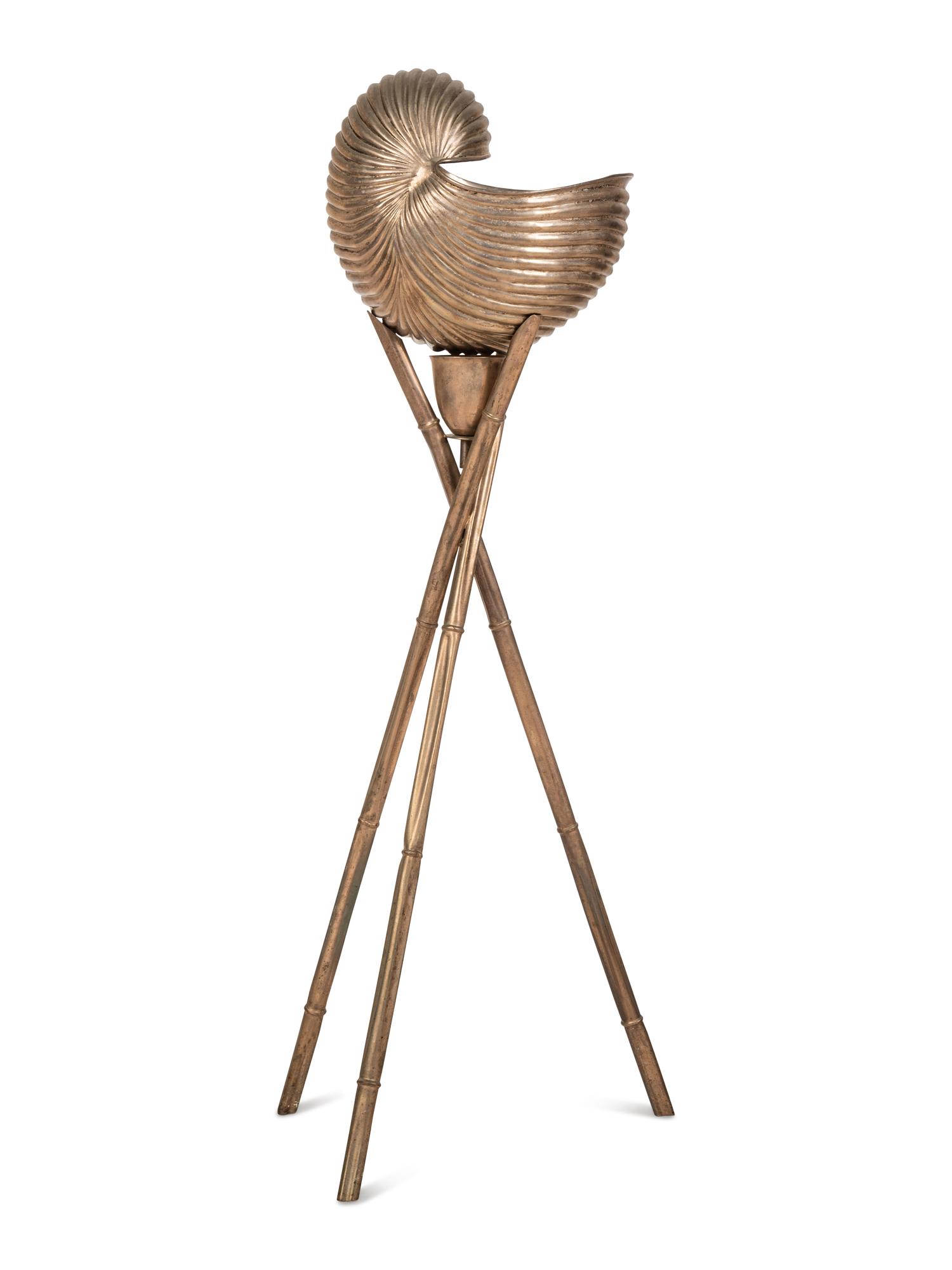 A Silvered Metal Shell Form Bowl on Stand
