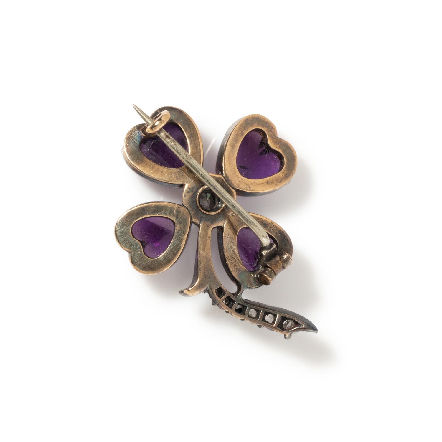 ANTIQUE, AMETHYST AND DIAMOND CLOVER BROOCH