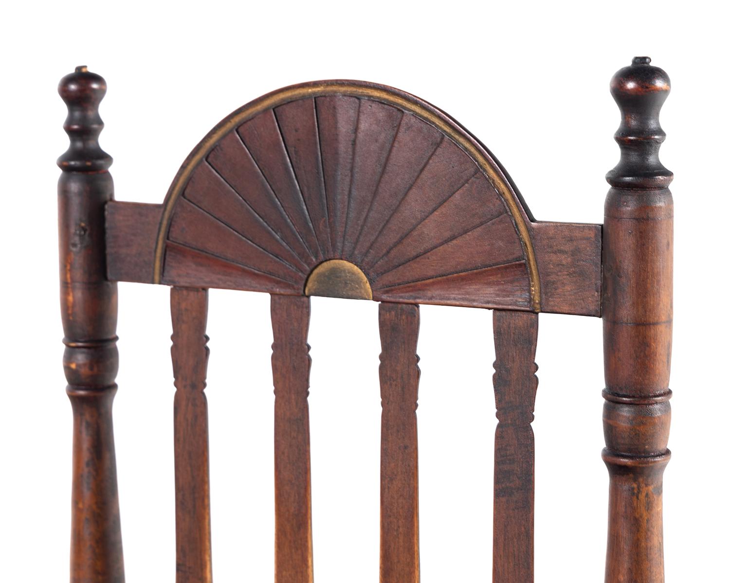 A William and Mary Style Parcel Gilt and Red Painted, Fan-Carved Bannister Back Woven Splint Seat Armchair