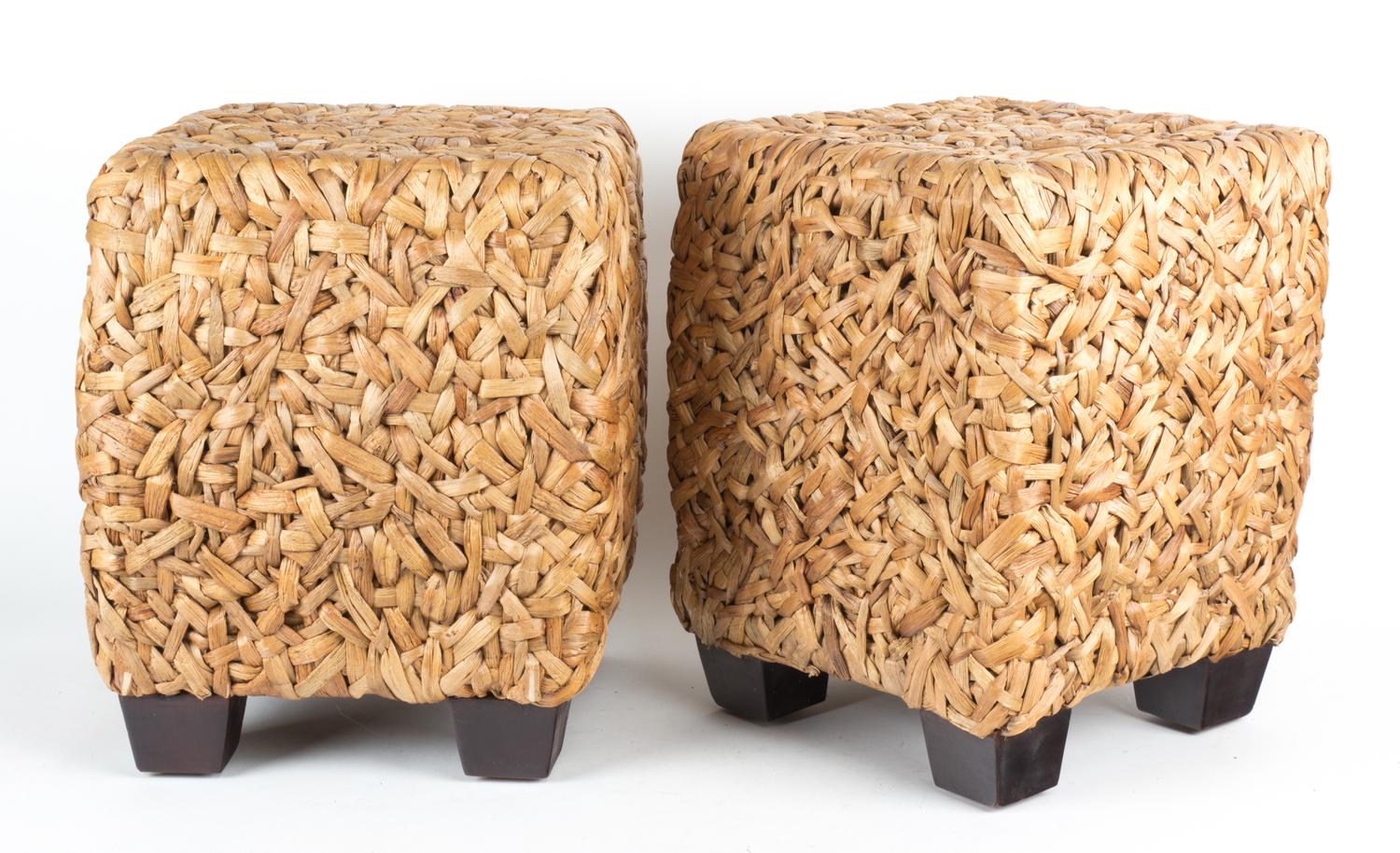 A Pair of Cube Form Woven Raffia Footstools Height 17 1/2 inches.