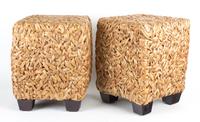 A Pair of Cube Form Woven Raffia Footstools Height 17 1/2 inches.