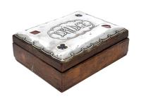 An English Silver Mounted Wood Card Box, William Devenport, Birmingham, 1907, the silver panel bearing a central cartouche marked Bridg