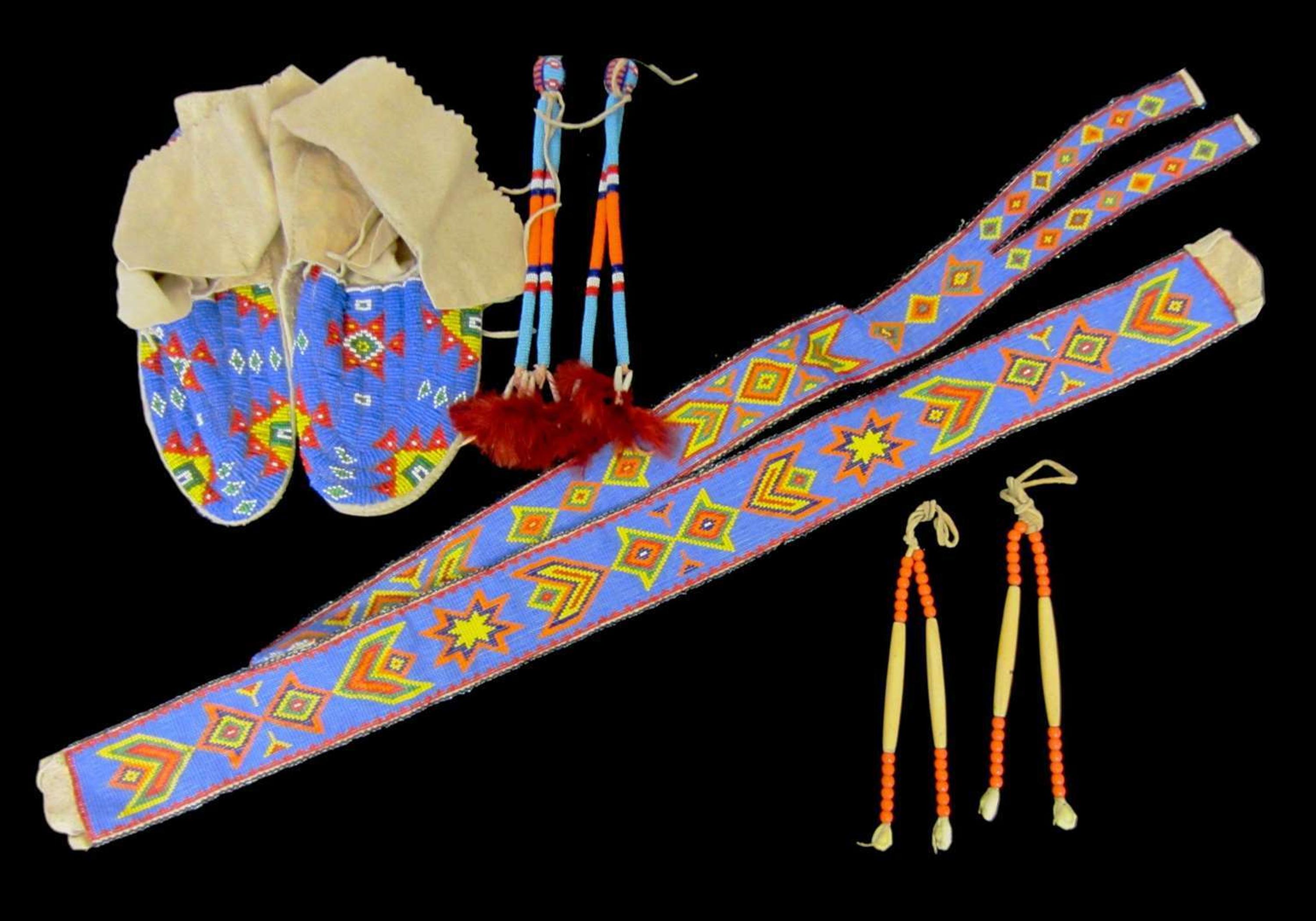 Sioux beaded belt and pair of moccasins fort yates, north dakota, circa 1950