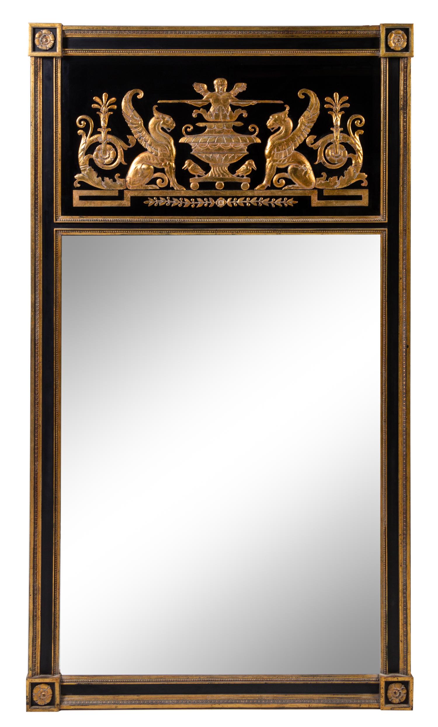 An Empire Style Painted and Parcel Gilt Mirror Height 73 x width 41 inches. — CIRCA 1920s