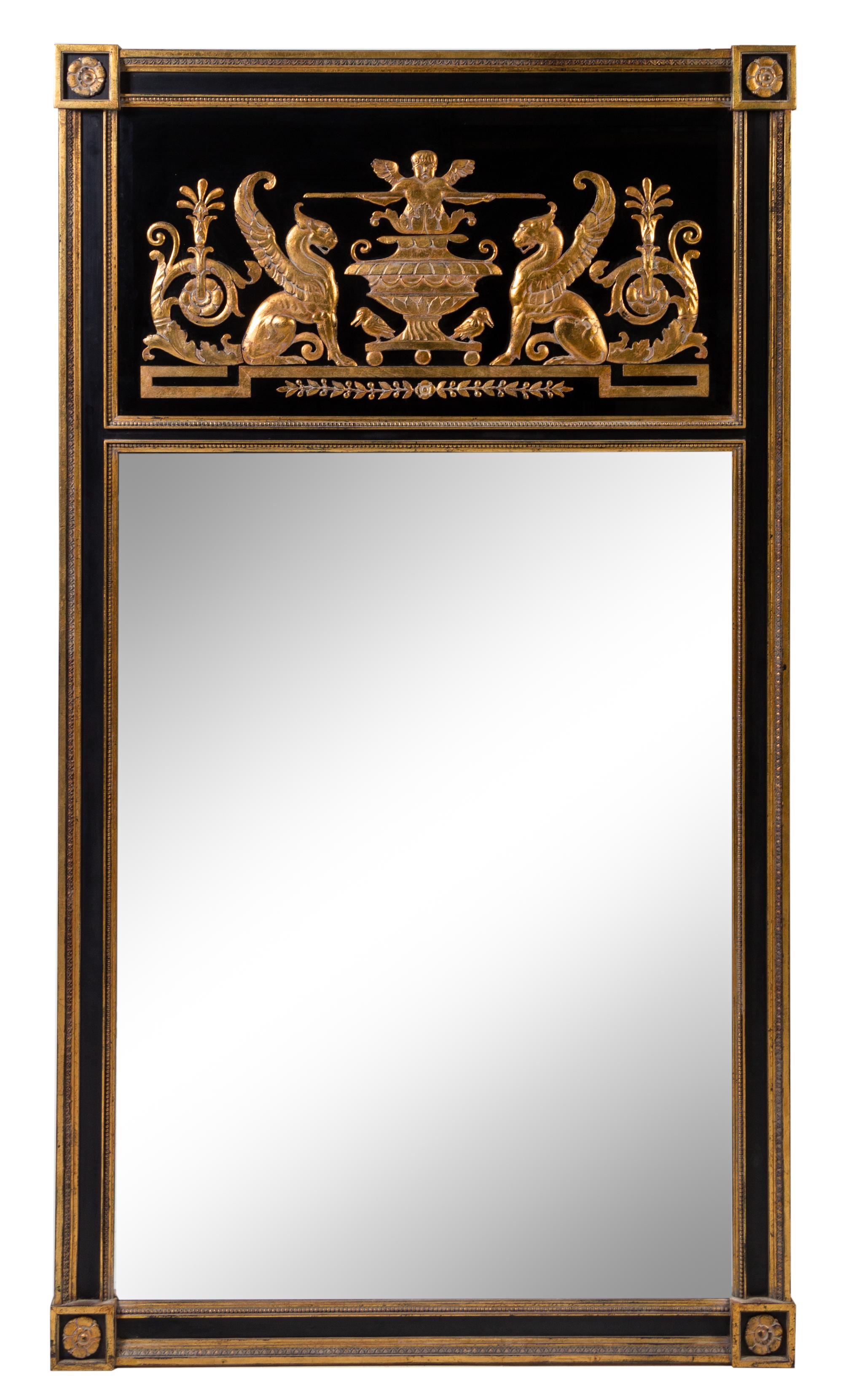 An Empire Style Painted and Parcel Gilt Mirror Height 73 x width 41 inches. — CIRCA 1920s