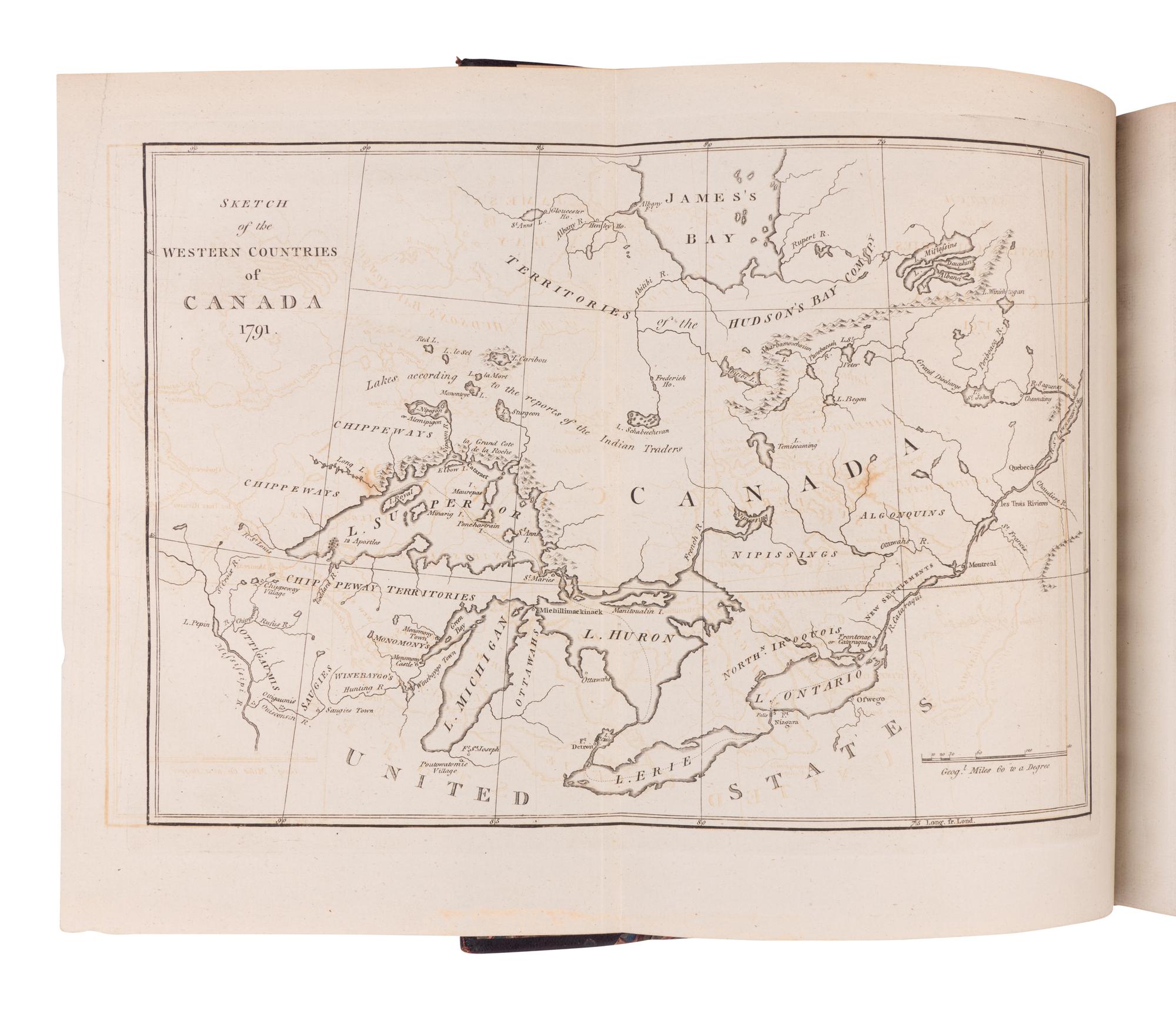 LONG, John (fl. 1768-1791). Voyages and Travels of an Indian Interpreter and Trader, Describing the Manners and Customs of the North American Indians; with an Account of the Posts Situated on the River Saint Laurence, Lake Ontario, &c. To Which is Added, a Vocabulary of the Chippeway Language. Names of Furs and Skins, in English and French. A List of Words in the Iroquois, Mohegan, Shawanee, and Esquimeaux Tongues, and a Table, Shewing the Analogy between the Algonkin and Chippeway Languages . London: Printed for the Author, and sold by Robson et al, 1791.