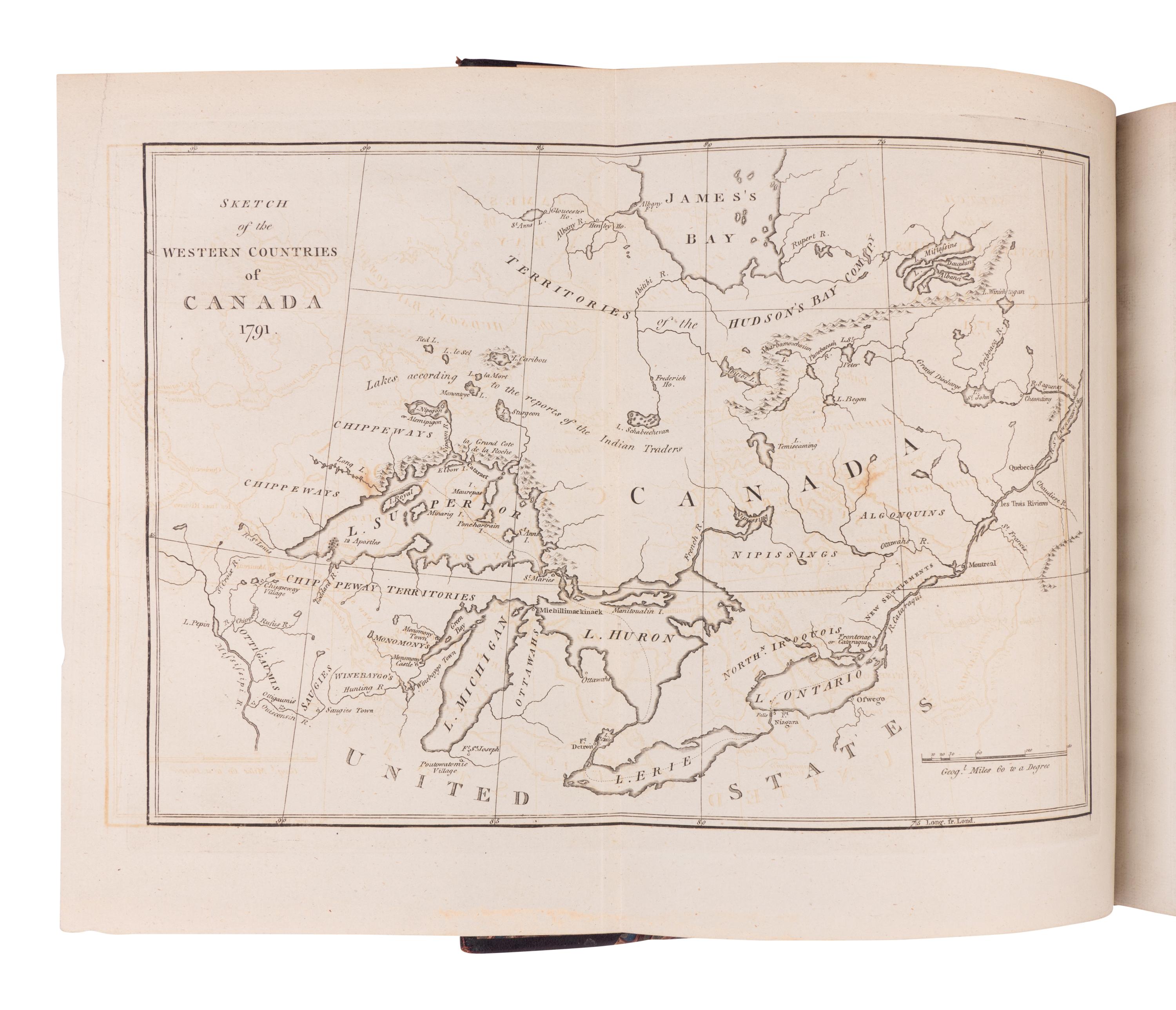 LONG, John (fl. 1768-1791). Voyages and Travels of an Indian Interpreter and Trader, Describing the Manners and Customs of the North American Indians; with an Account of the Posts Situated on the River Saint Laurence, Lake Ontario, &c. To Which is Added, a Vocabulary of the Chippeway Language. Names of Furs and Skins, in English and French. A List of Words in the Iroquois, Mohegan, Shawanee, and Esquimeaux Tongues, and a Table, Shewing the Analogy between the Algonkin and Chippeway Languages . London: Printed for the Author, and sold by Robson et al, 1791.