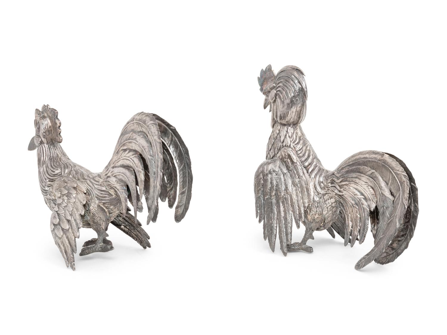 A Pair of Spanish Silver Cockerels