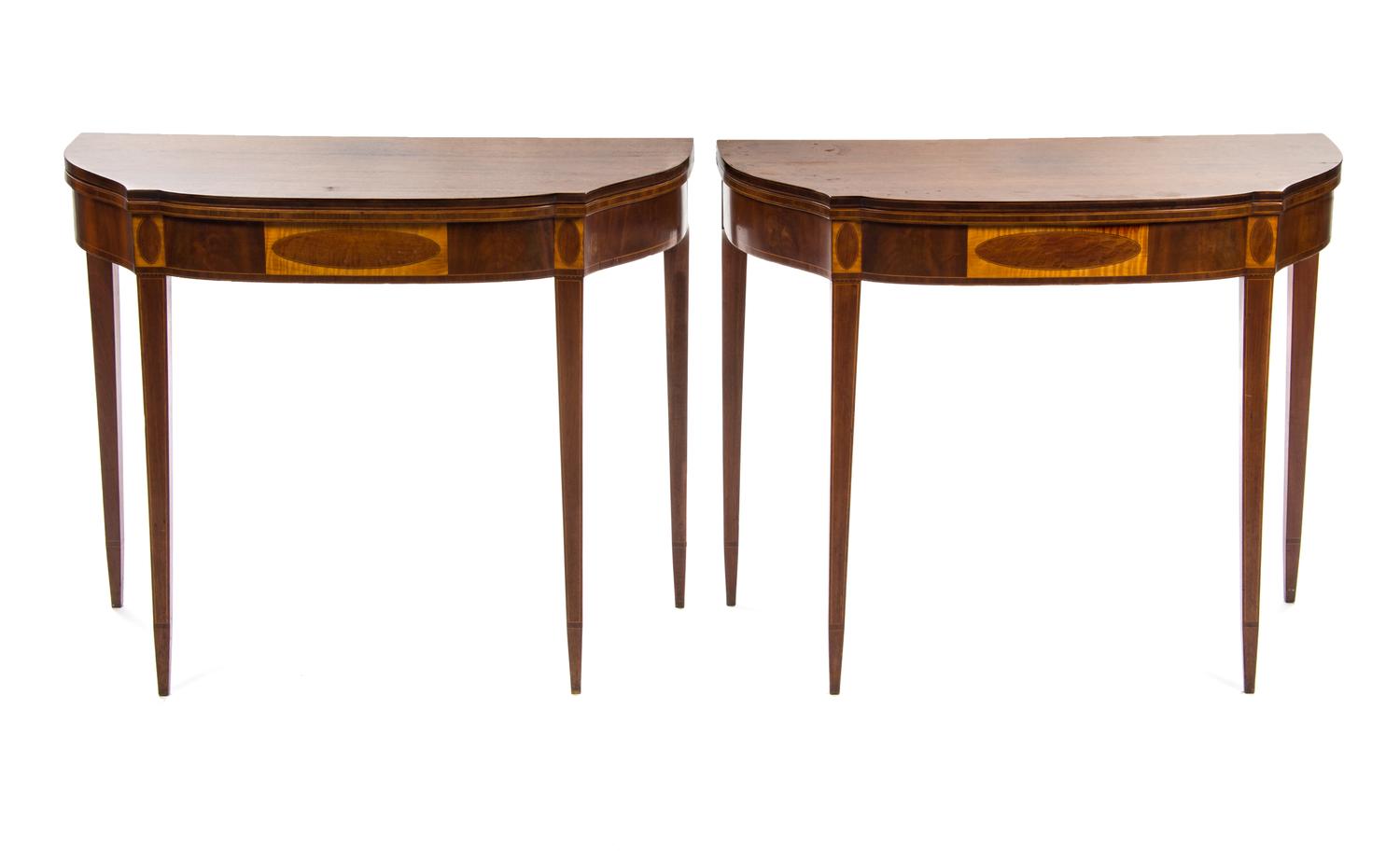 A Pair of Sheraton Mahogany, Satinwood and Oak Flip-Top Tea Tables, EARLY 19TH CENTURY, Height 29 1/4 x width 35 7/8 x depth 17 inches. — EARLY 19TH CENTURY,