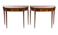 A Pair of Sheraton Mahogany, Satinwood and Oak Flip-Top Tea Tables, EARLY 19TH CENTURY, Height 29 1/4 x width 35 7/8 x depth 17 inches. — EARLY 19TH CENTURY,