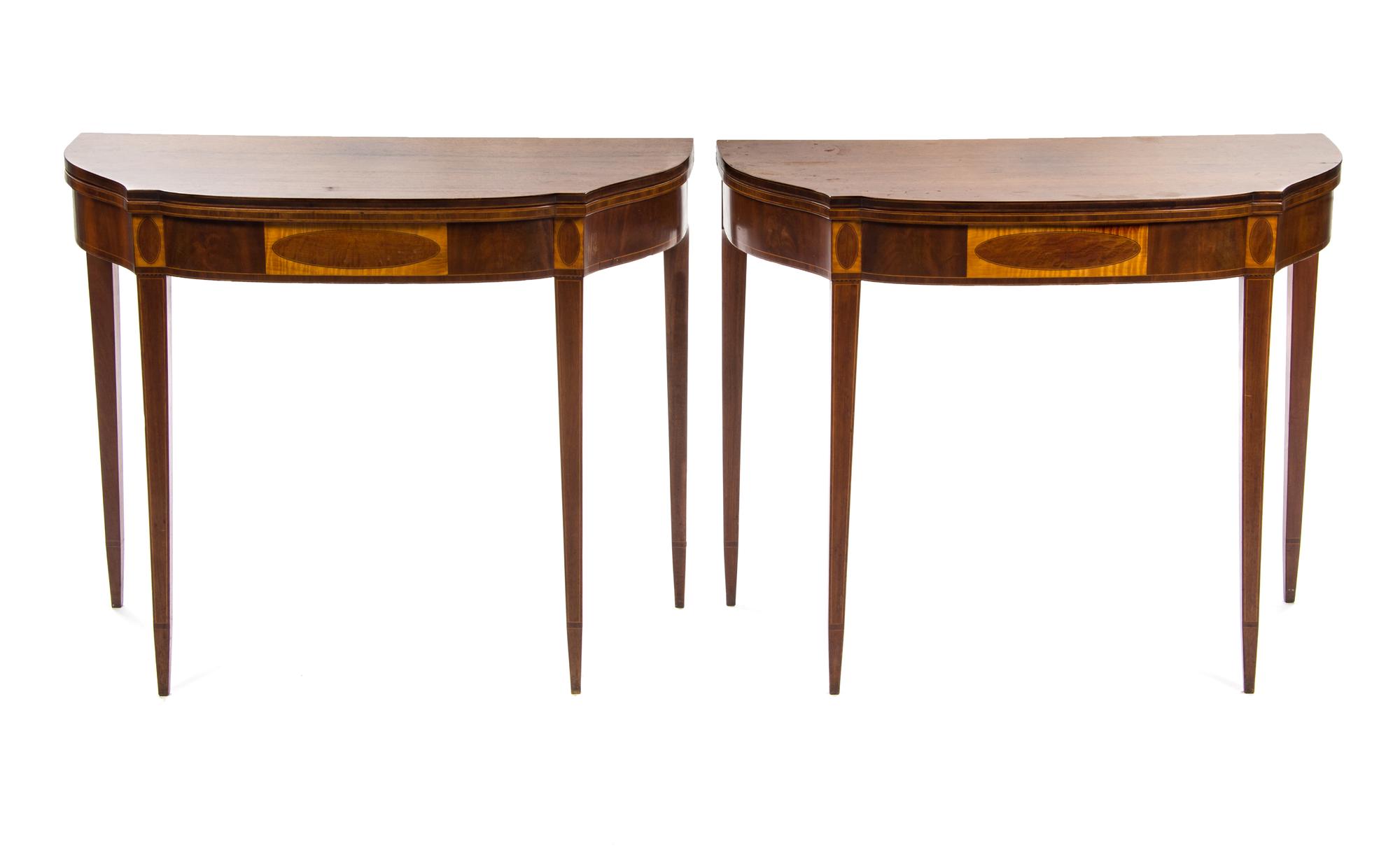A Pair of Sheraton Mahogany, Satinwood and Oak Flip-Top Tea Tables, EARLY 19TH CENTURY, Height 29 1/4 x width 35 7/8 x depth 17 inches. — EARLY 19TH CENTURY,