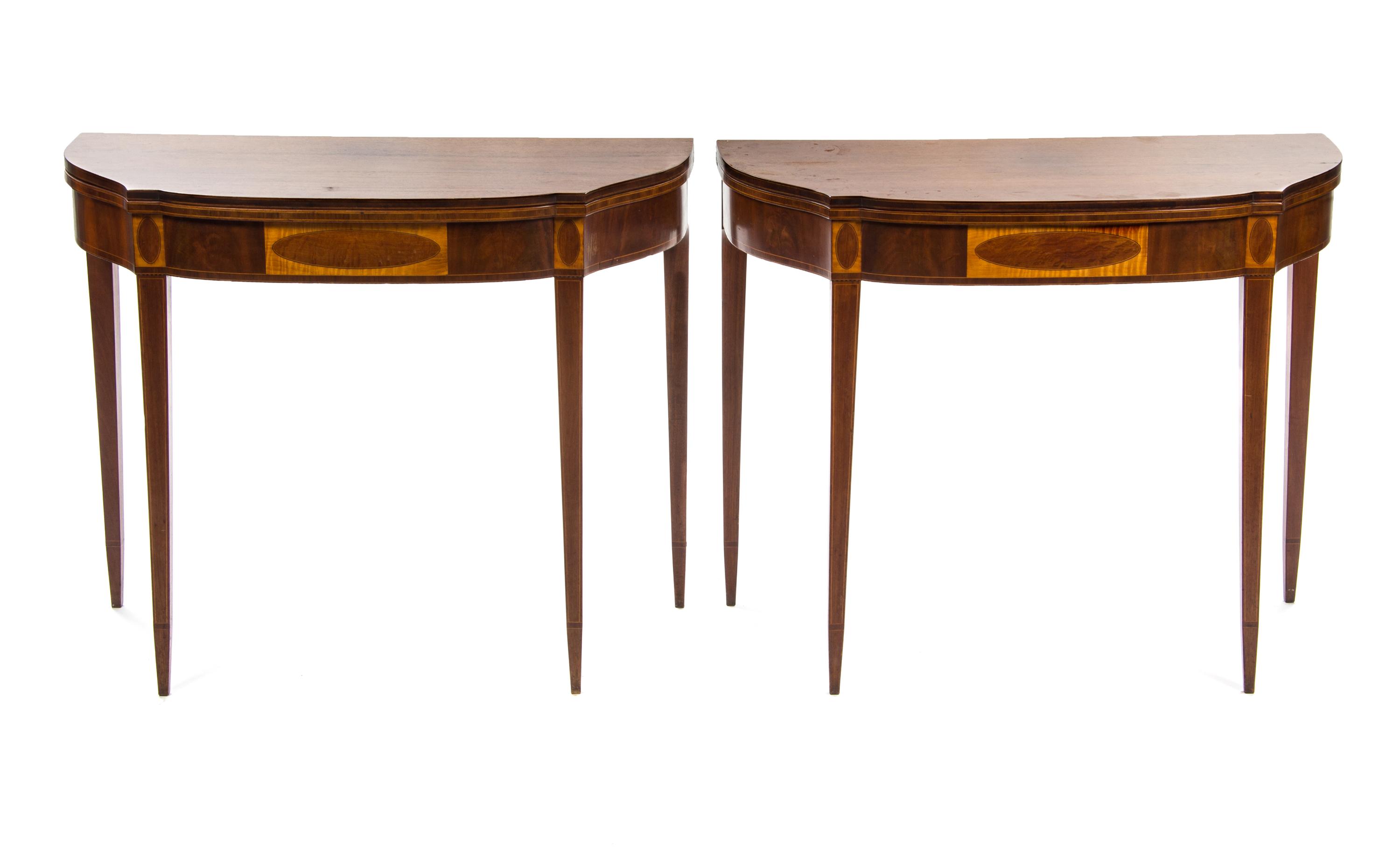 A Pair of Sheraton Mahogany, Satinwood and Oak Flip-Top Tea Tables, EARLY 19TH CENTURY, Height 29 1/4 x width 35 7/8 x depth 17 inches. — EARLY 19TH CENTURY,