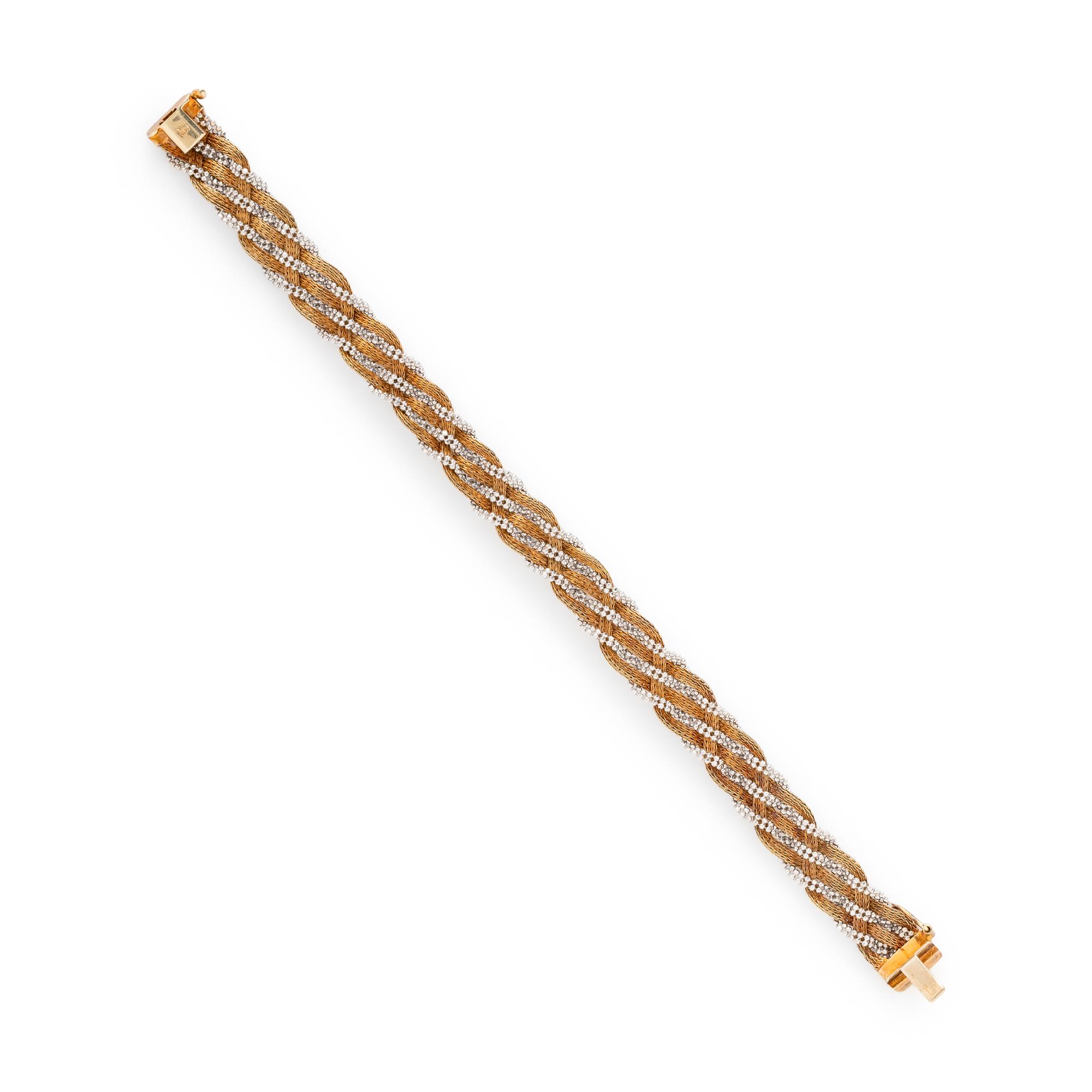 BICOLOR GOLD BRACELET AND YELLOW GOLD AND CULTURED PEARL EARRINGS