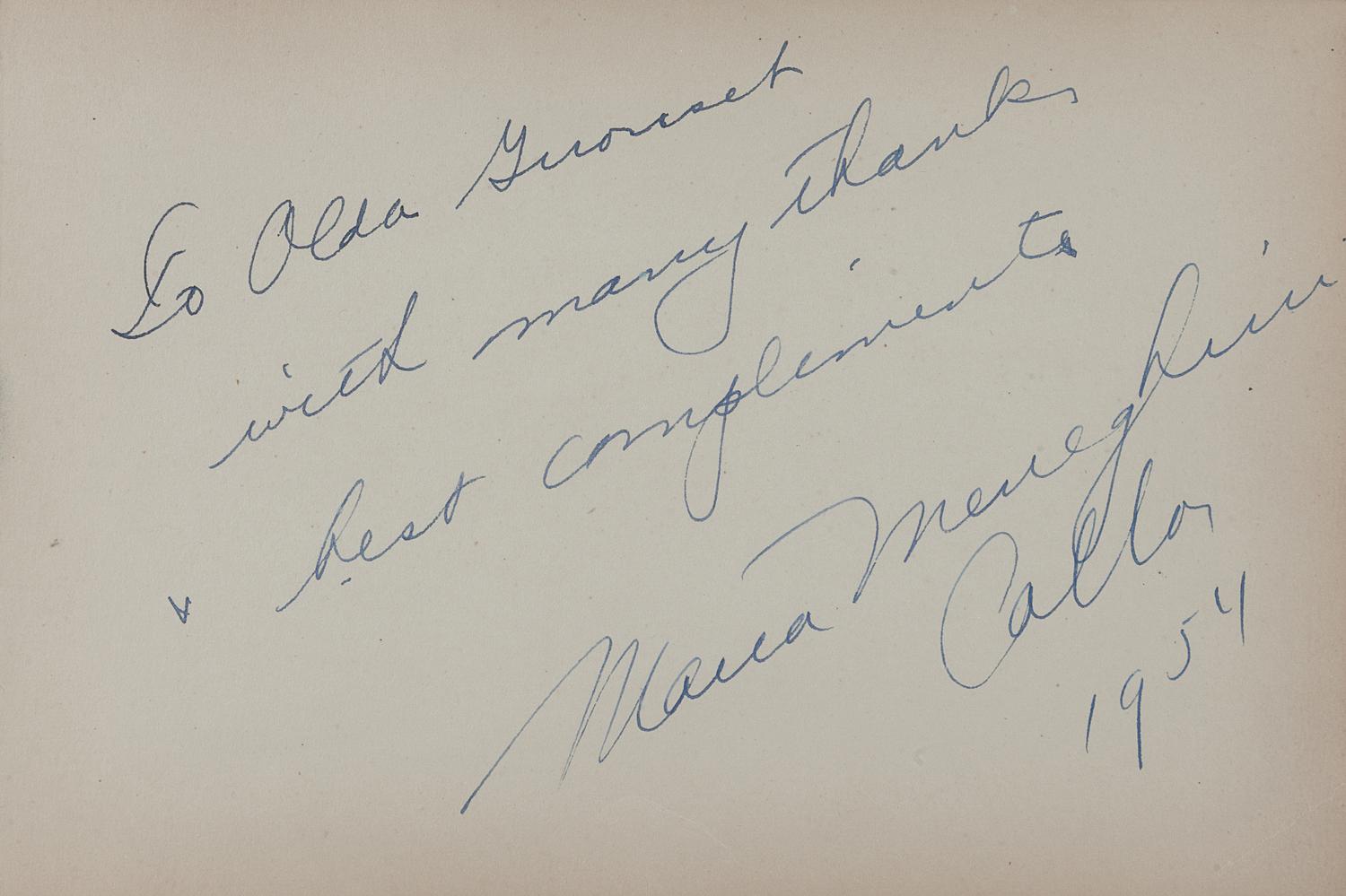 CALLAS, Maria (1923-1977). Autograph note signed (“Maria Meneghini Callas”), to Alda Girouset. N.p., 1954. 1 page, oblong 8vo, 142 x 210 mm, on an autograph book sheet, matted and framed with 3 photographic portraits of Callas, including one after an image by Cecil Beaton.
