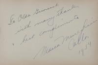 CALLAS, Maria (1923-1977). Autograph note signed (“Maria Meneghini Callas”), to Alda Girouset. N.p., 1954. 1 page, oblong 8vo, 142 x 210 mm, on an autograph book sheet, matted and framed with 3 photographic portraits of Callas, including one after an image by Cecil Beaton.