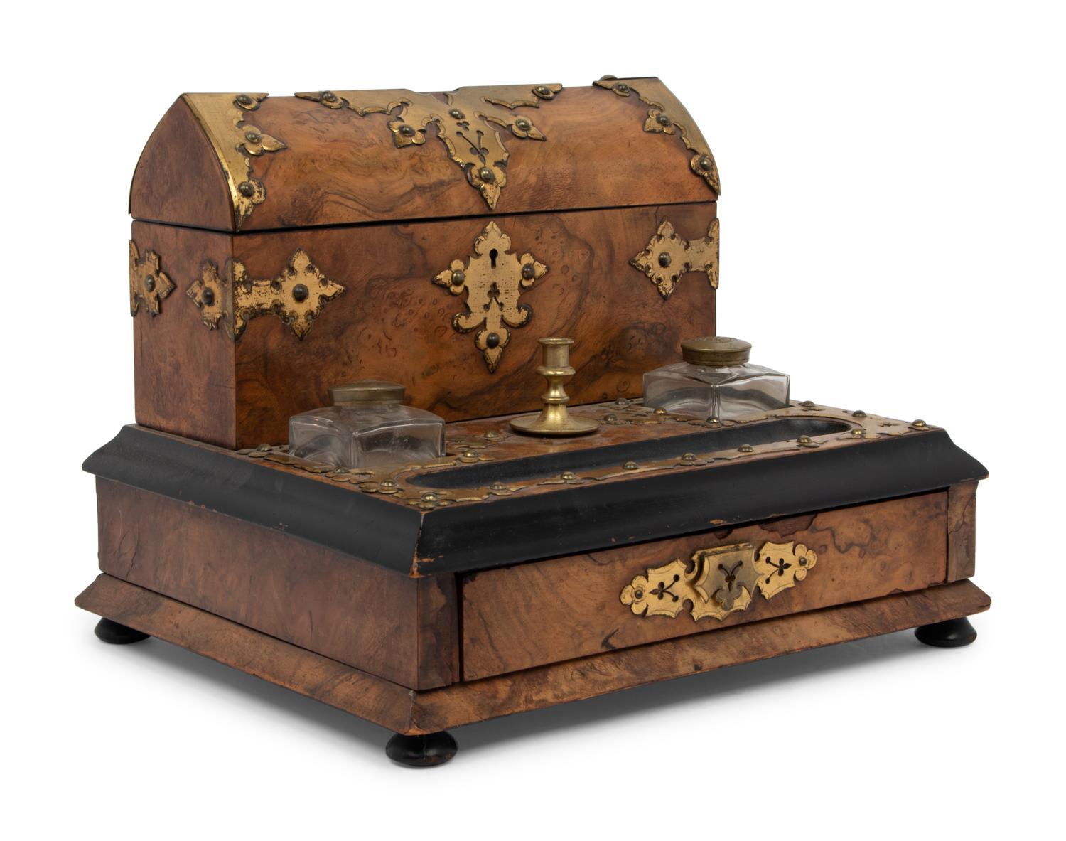 An English Brass Mounted Burlwood Writing Stand