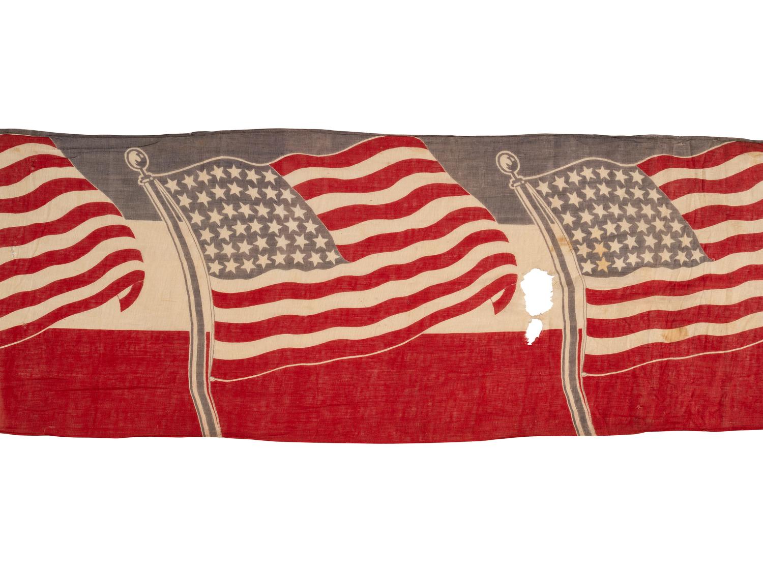 [FLAGS]. 43-star American flag banner, possibly displayed at a GAR hall. Ca 1890-1891.