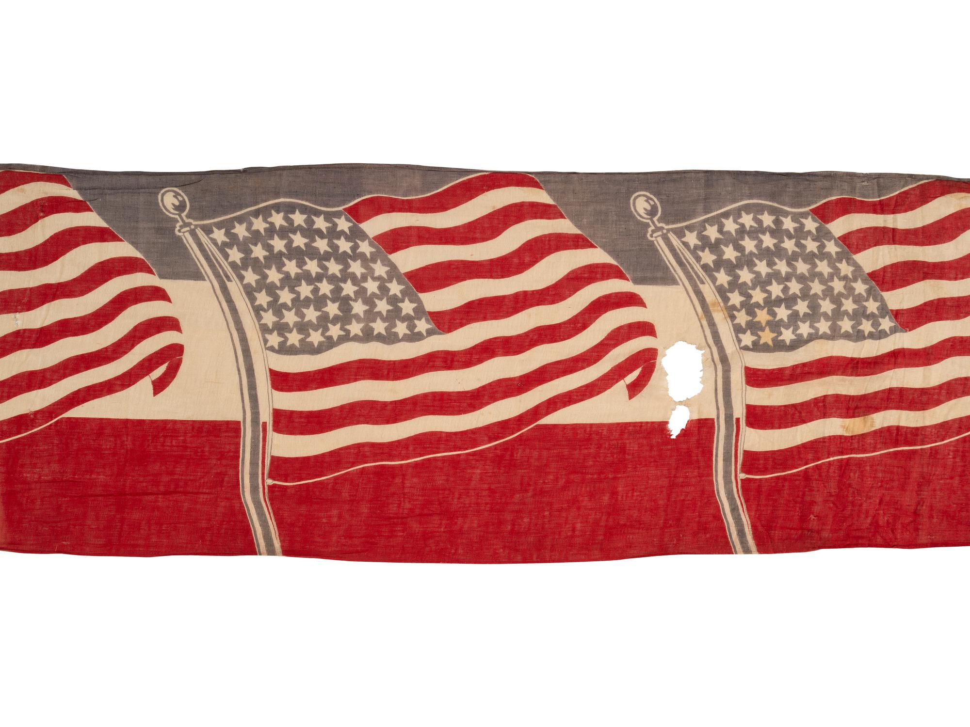 [FLAGS]. 43-star American flag banner, possibly displayed at a GAR hall. Ca 1890-1891.
