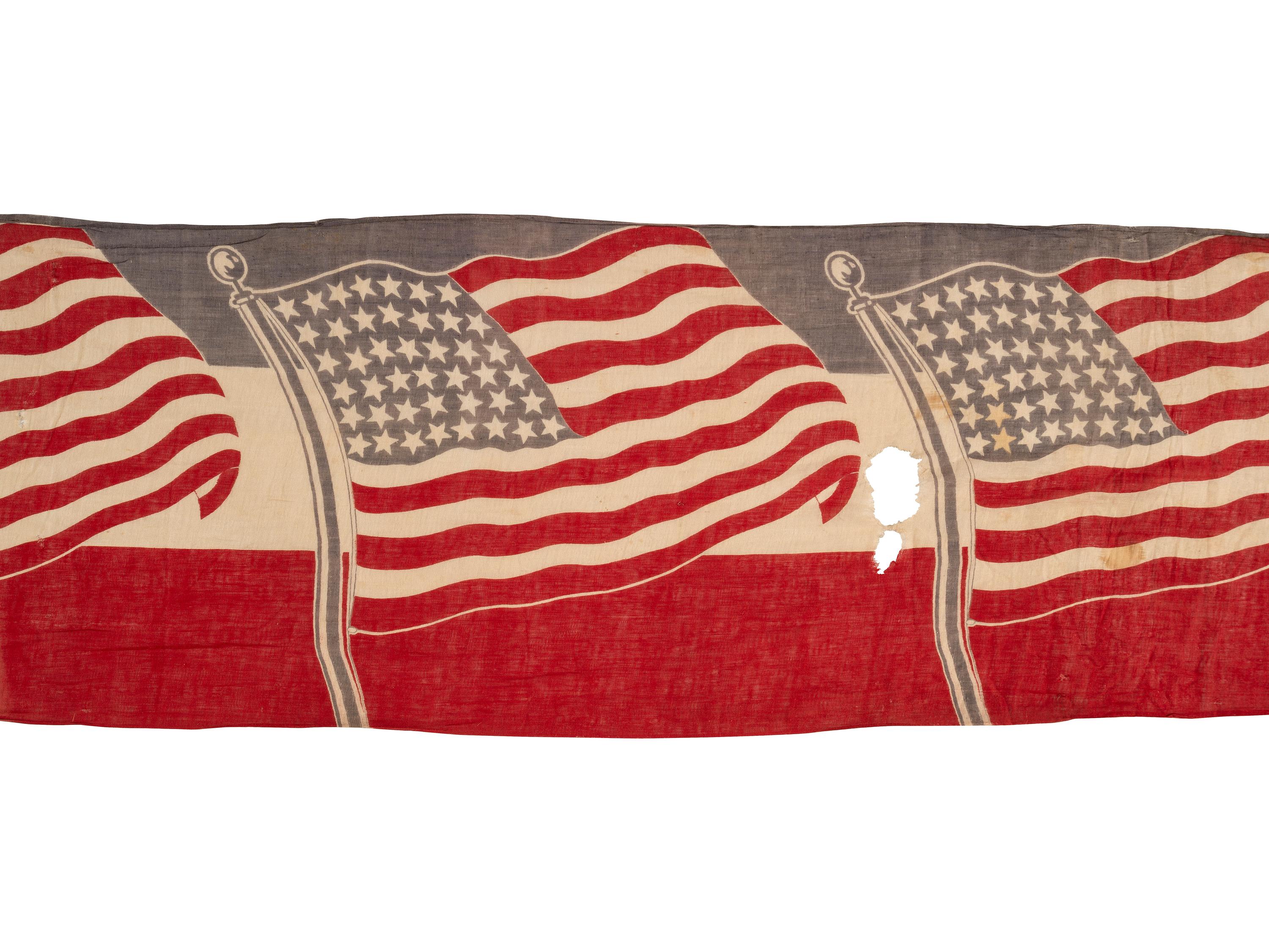[FLAGS]. 43-star American flag banner, possibly displayed at a GAR hall. Ca 1890-1891.