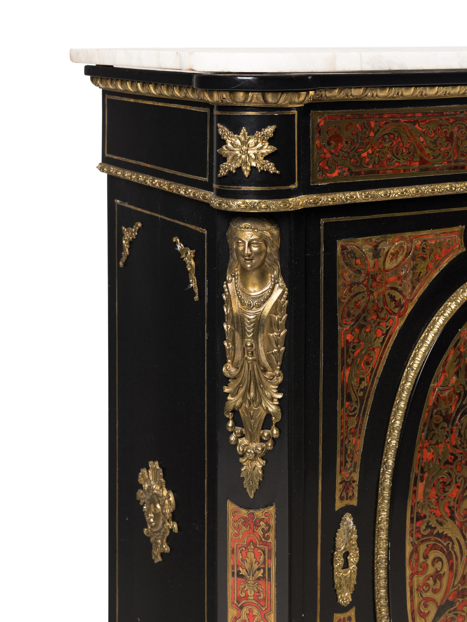 A Near Pair of Napoleon III Boulle Marquetry Marble-Top Side Cabinets