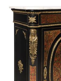 A Near Pair of Napoleon III Boulle Marquetry Marble-Top Side Cabinets