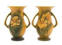 A Pair of Roseville Peony Pottery Vases Height 10 1/4 inches.