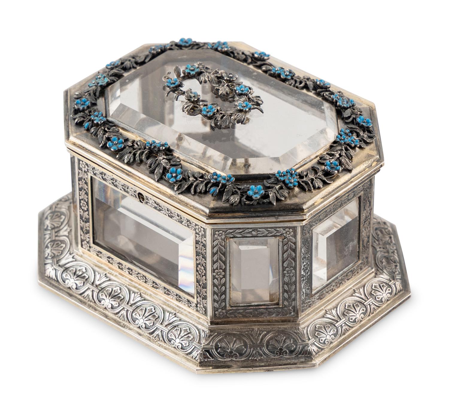 A Continental Enameled Silver and Rock Crystal Mounted Small Box