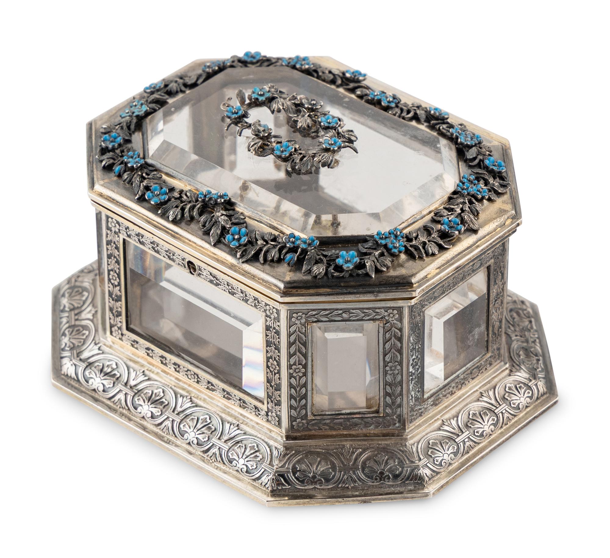 A Continental Enameled Silver and Rock Crystal Mounted Small Box