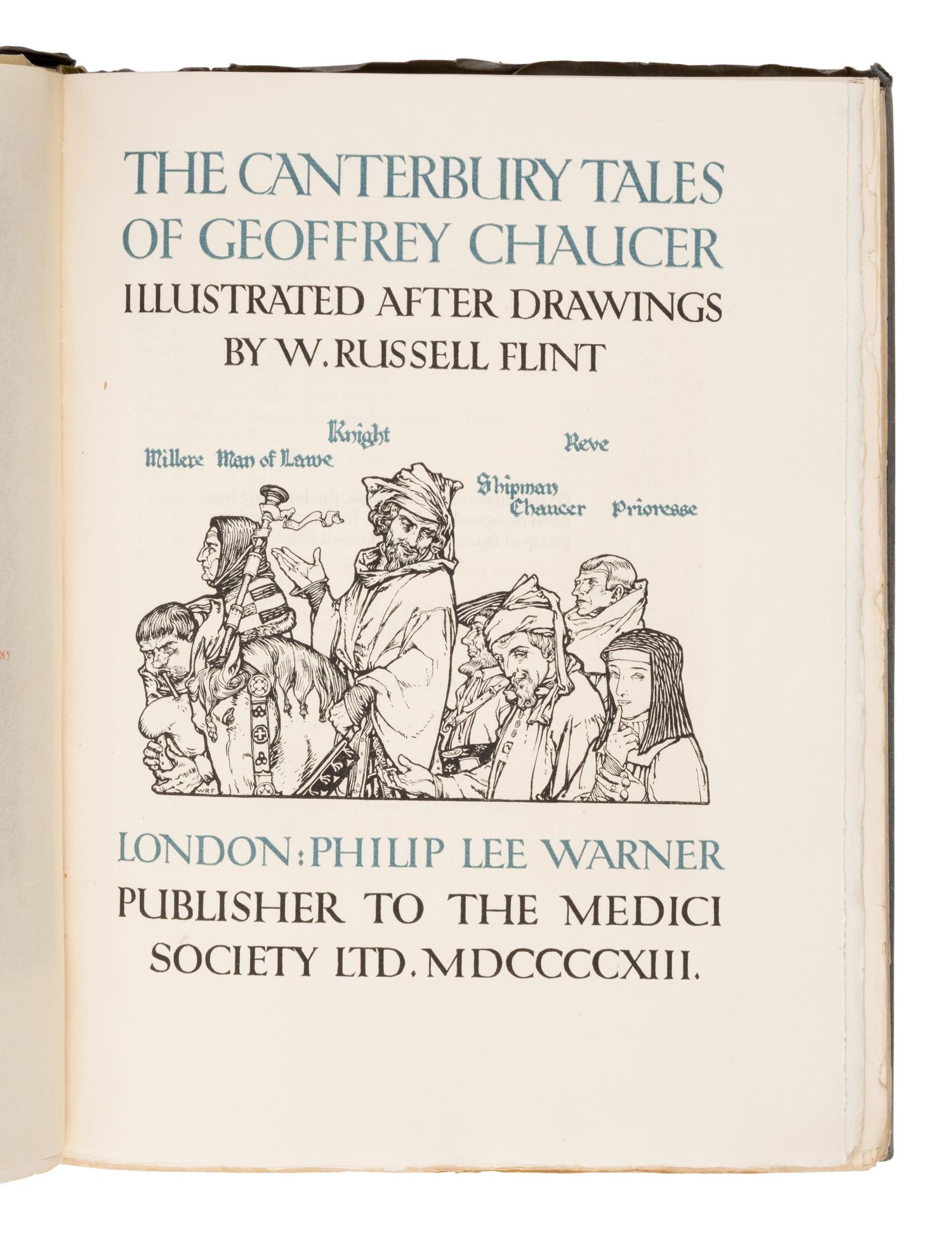 [Flint, William Russell, Sir (1880-1969), illustrator]. The Canterbury Tales of Geoffrey Chaucer . London: Riccardi Press for Philip Lee Warner at the Medici Society, 1913.