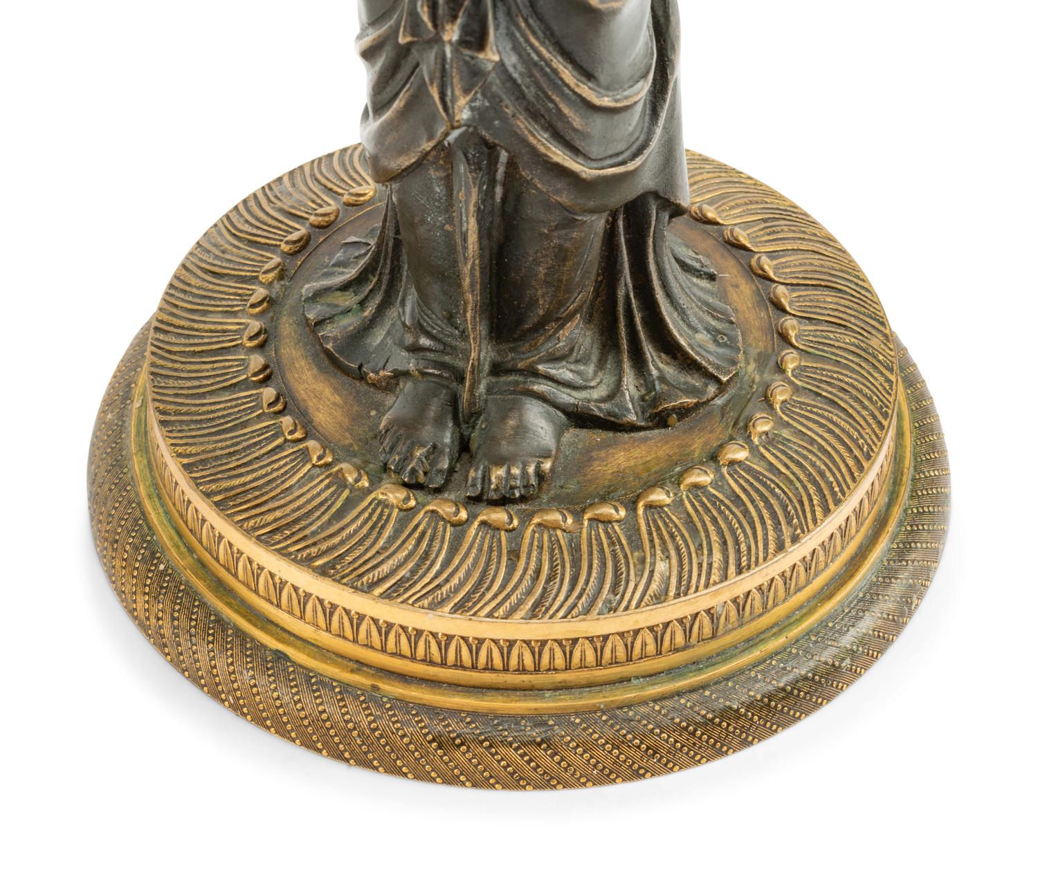 A Pair of Empire Style Gilt and Patinated Bronze Figural Two-Light Candelabra