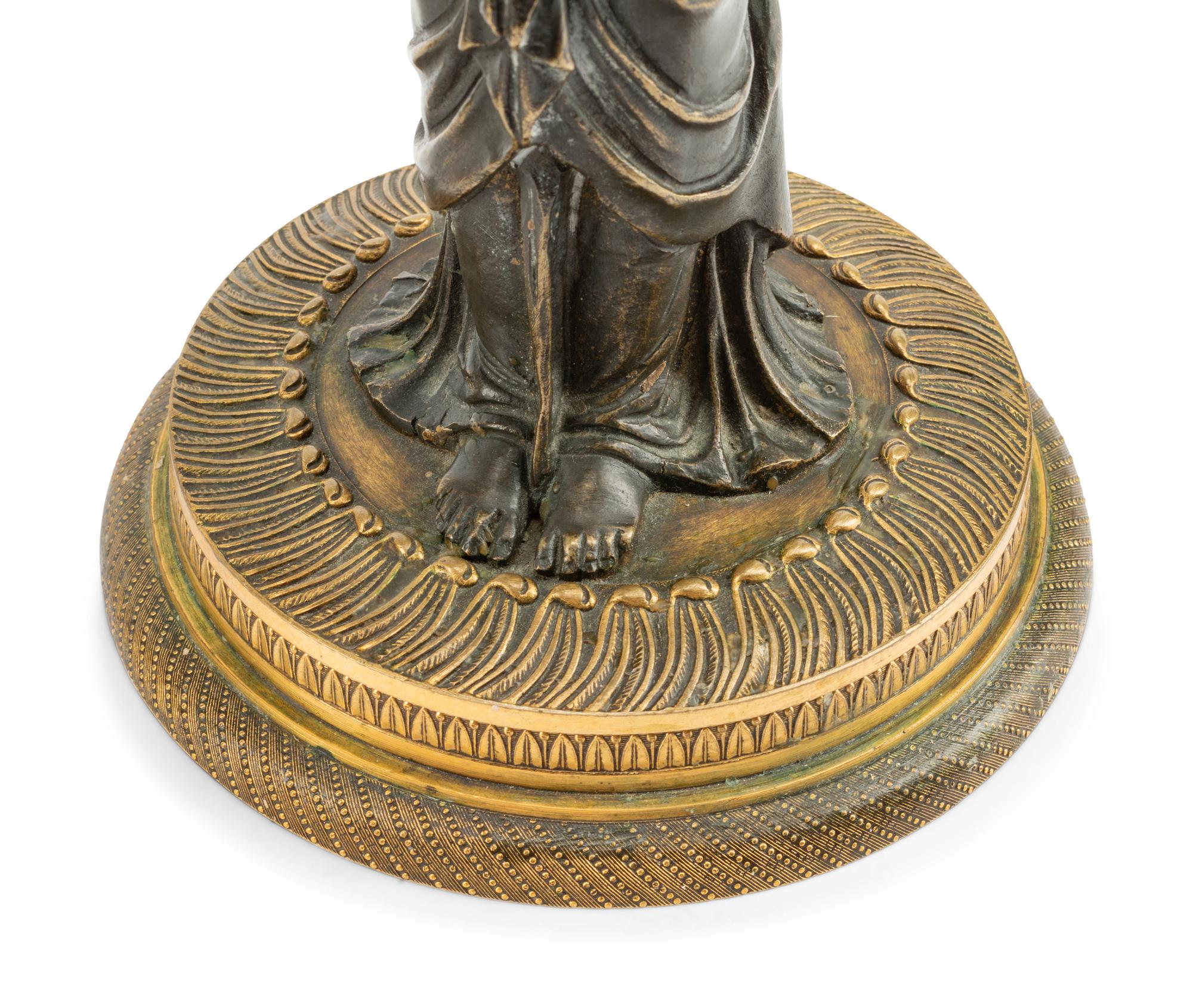 A Pair of Empire Style Gilt and Patinated Bronze Figural Two-Light Candelabra