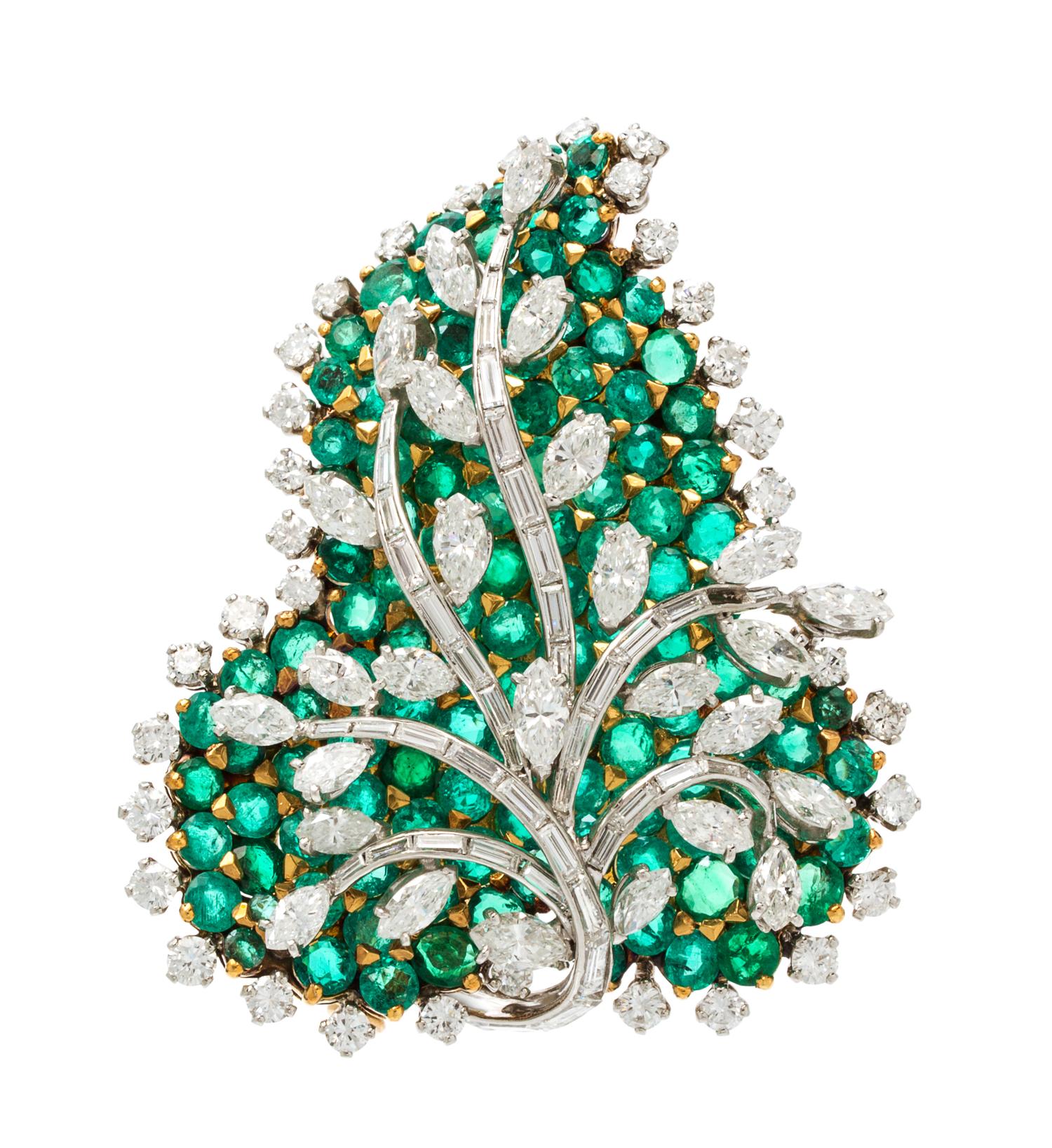 An 18 Karat Yellow Gold, Platinum, Diamond and Emerald Leaf Brooch, French, 16.40 dwts.