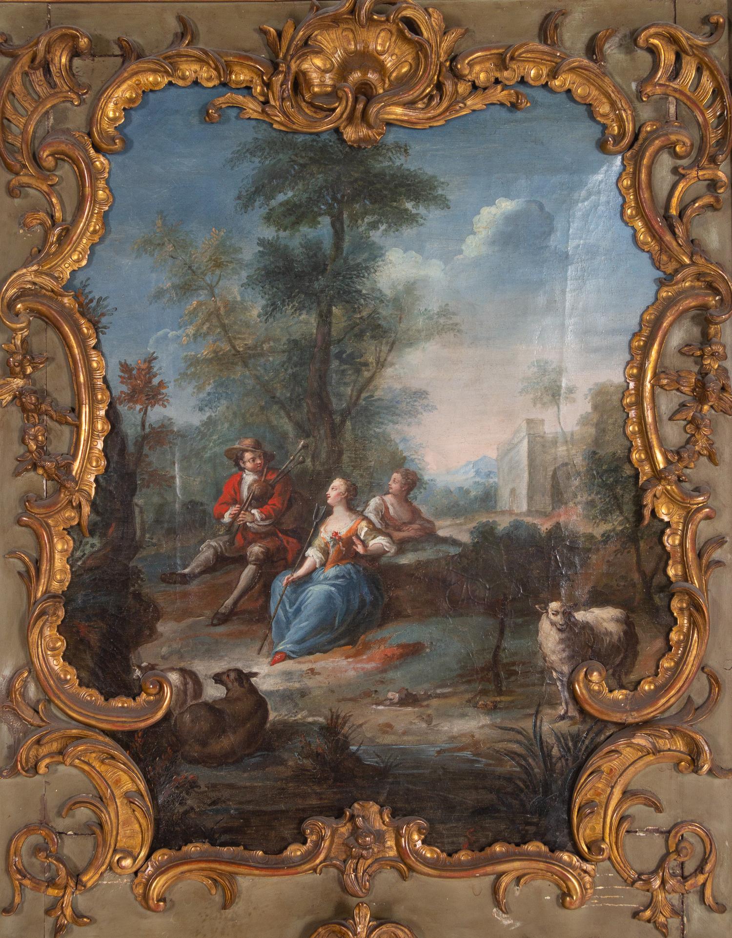 A Louis XV Green-Painted and Parcel-Gilt Trumeau Mirror