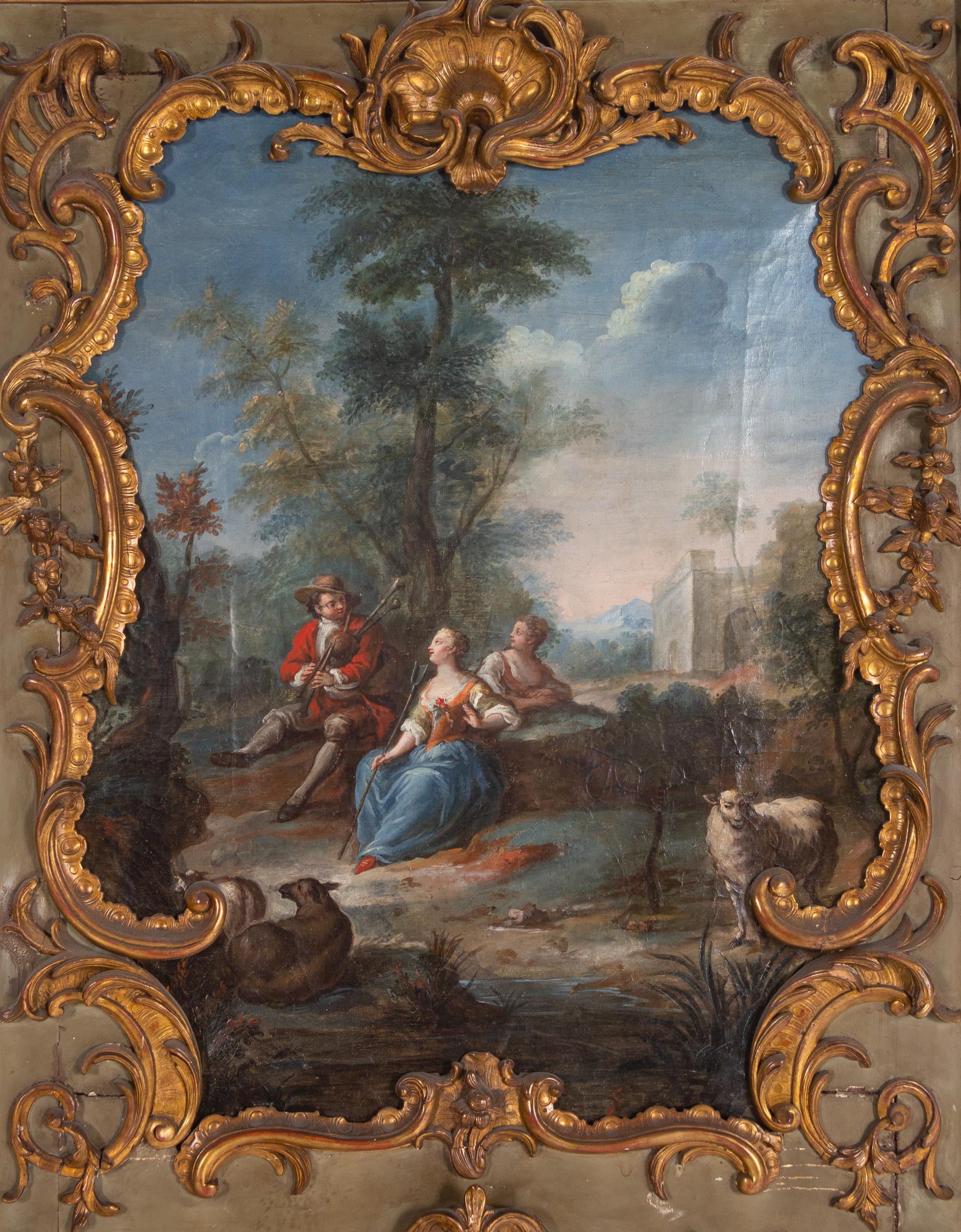 A Louis XV Green-Painted and Parcel-Gilt Trumeau Mirror