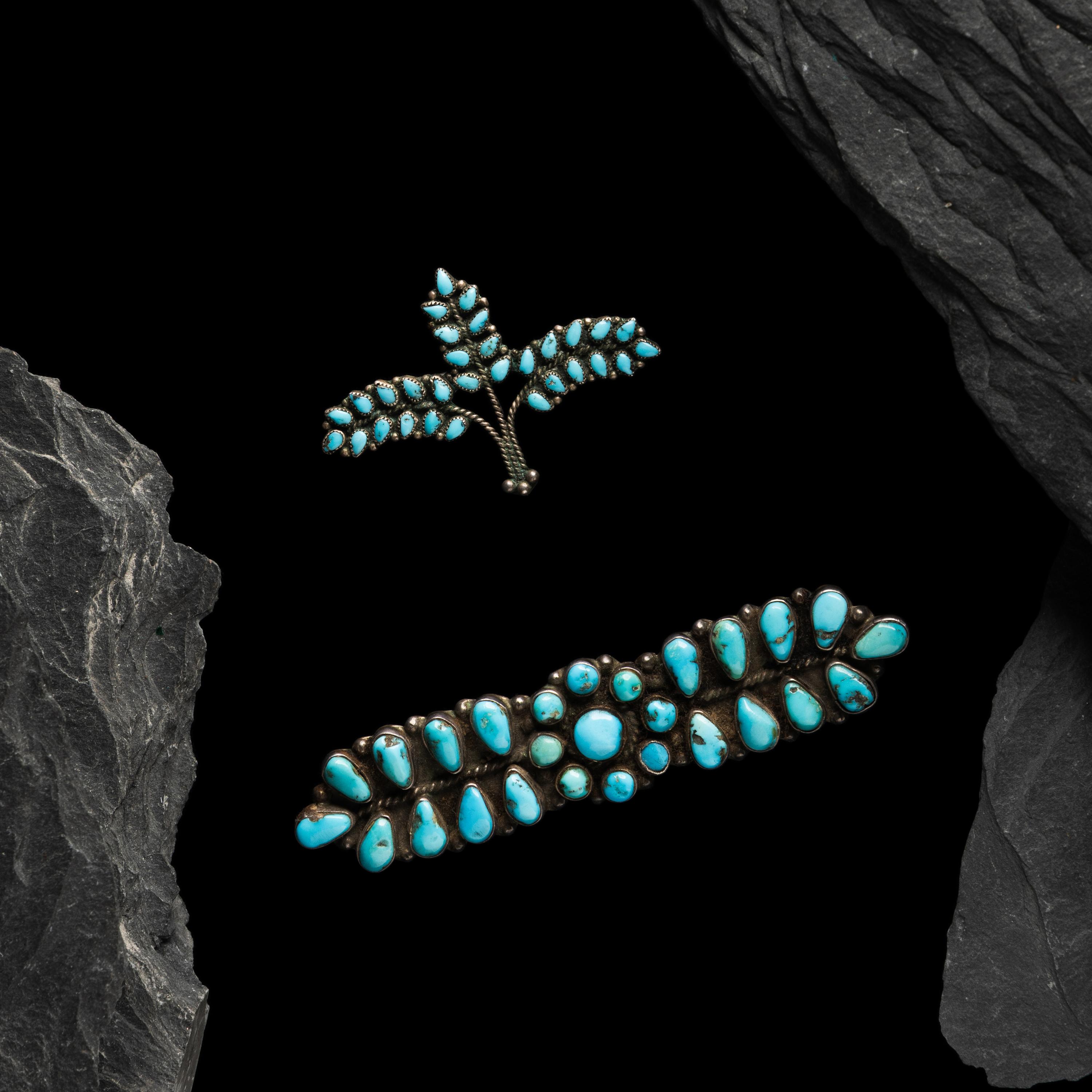 Zuni or Navajo Silver and Petit Point Turquoise Pins / Brooches