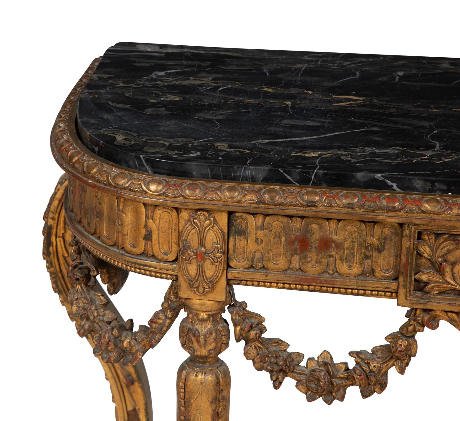 A Louis XVI Style Marble Top Giltwood Console Table