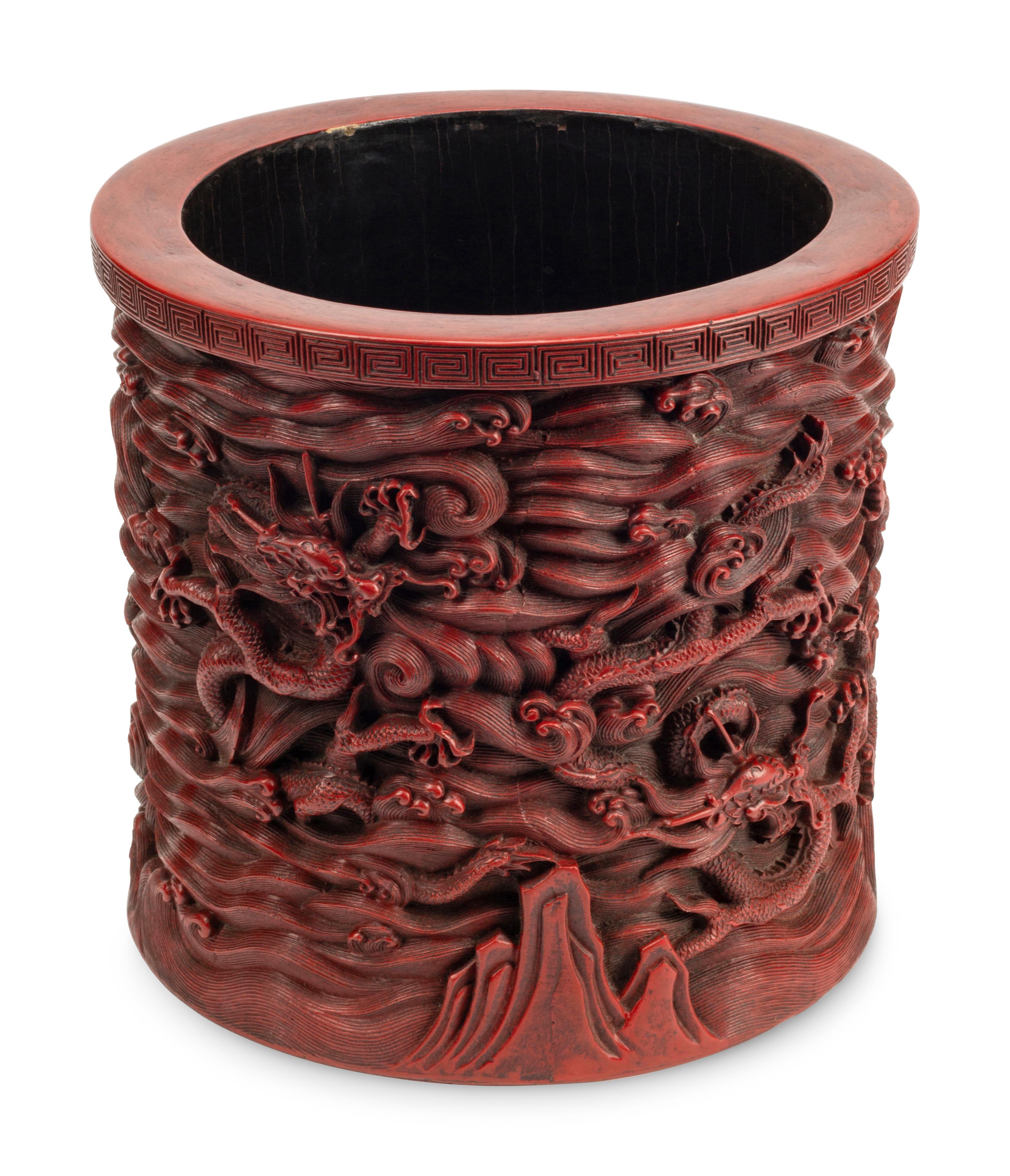 A Chinese Carved Red Lacquer Brush Pot