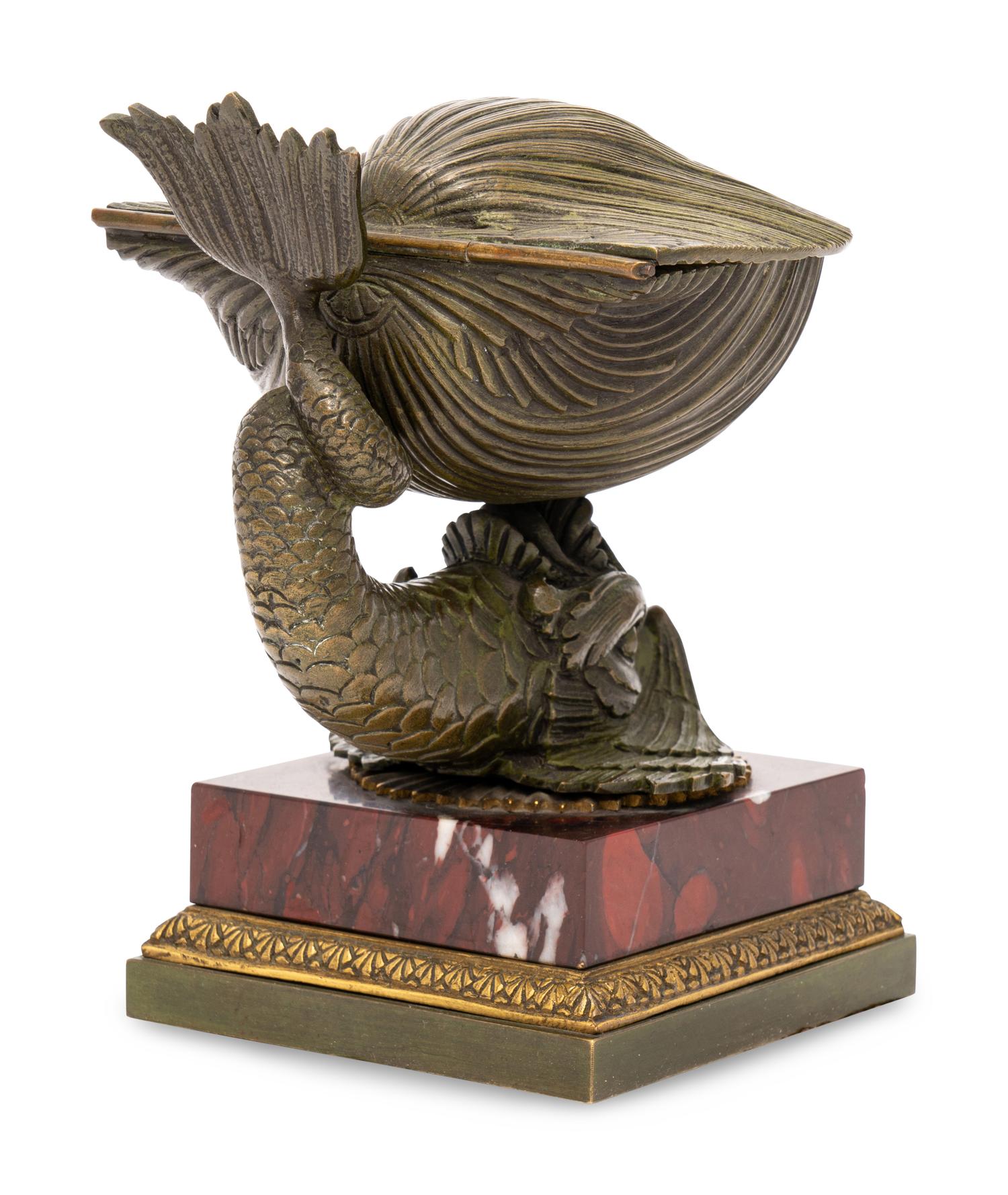 A French Bronze and Marble Dolphin and Shell Ink Stand