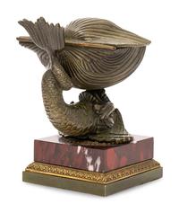 A French Bronze and Marble Dolphin and Shell Ink Stand