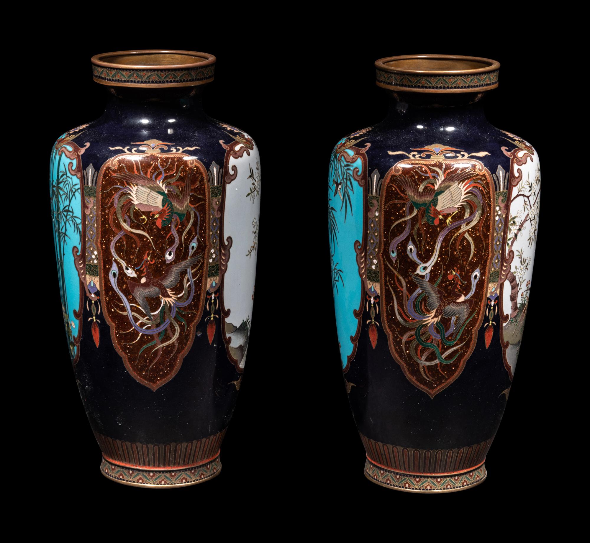 A Pair of Midnight Blue Ground Cloisonné Vases