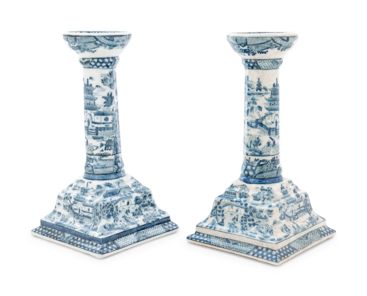 A Pair of Chinese Export Blue and White Porcelain Candlesticks