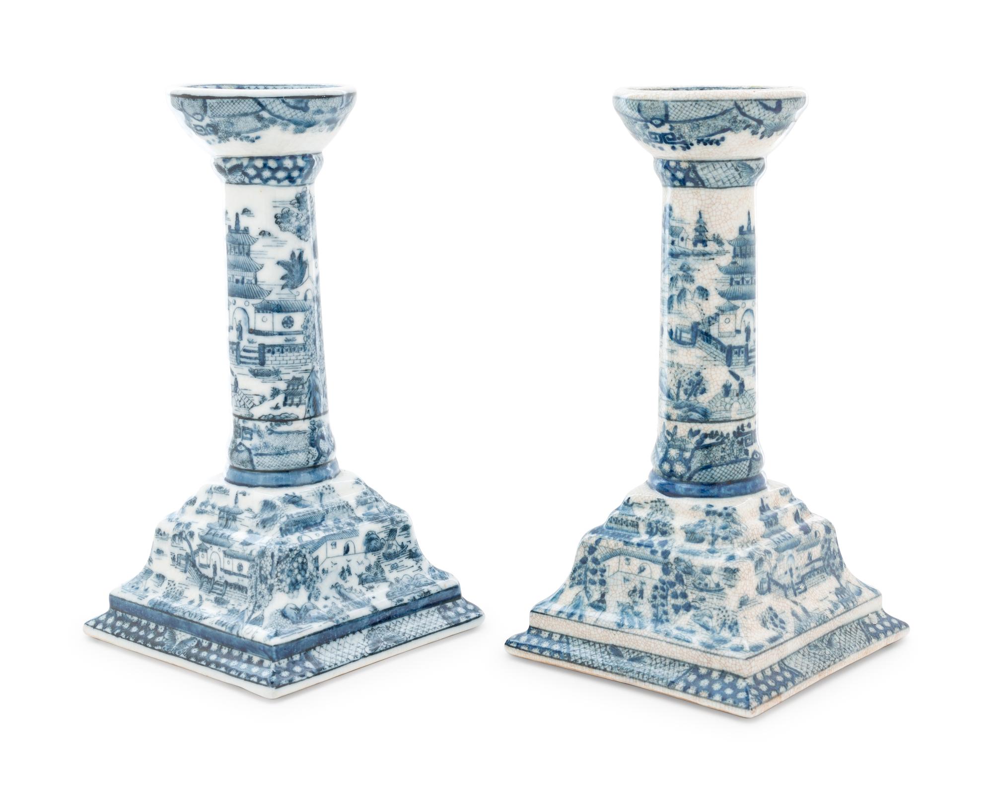 A Pair of Chinese Export Blue and White Porcelain Candlesticks
