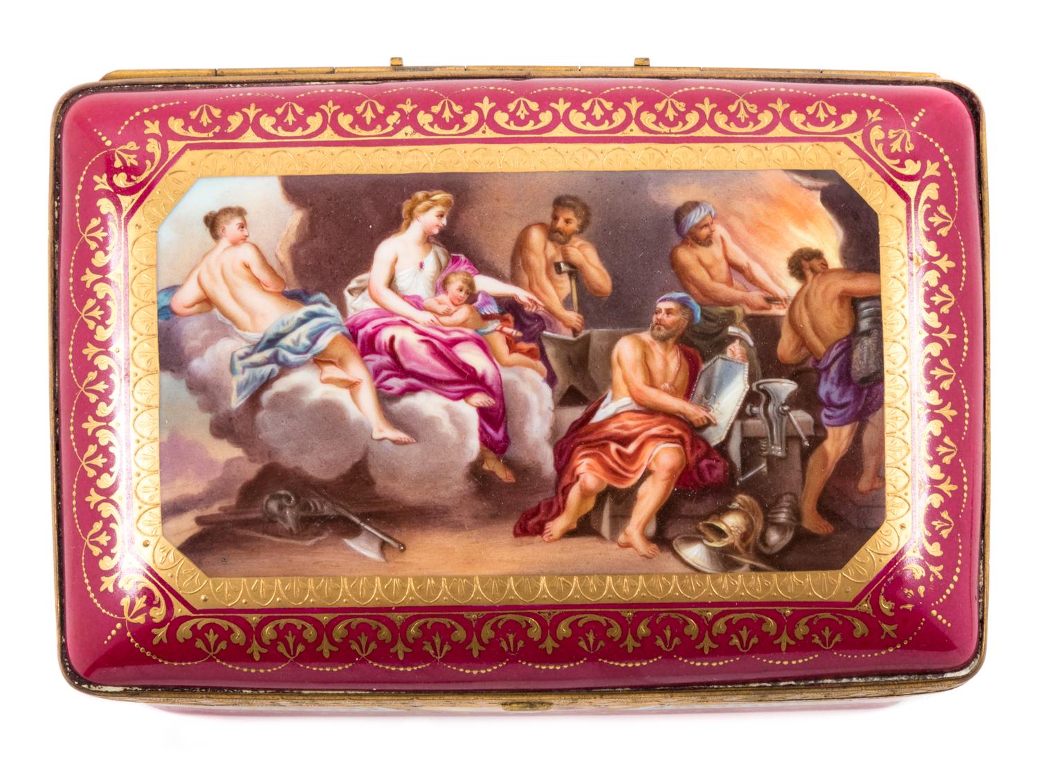 A Vienna Gilt Metal Mounted, Painted and Parcel Gilt Porcelain Table Casket