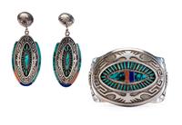 Sterling Silver Overlay Cuff Bracelet and Post Earrings, with Turquoise, Coral, and Lapis Inlay Lot is located and will ship from Denver, Colorado.