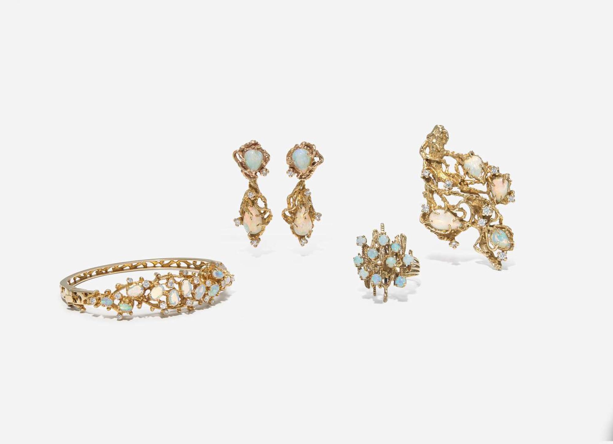 A Collection of 14K Yellow Gold, Opal, and Diamond Jewelry
