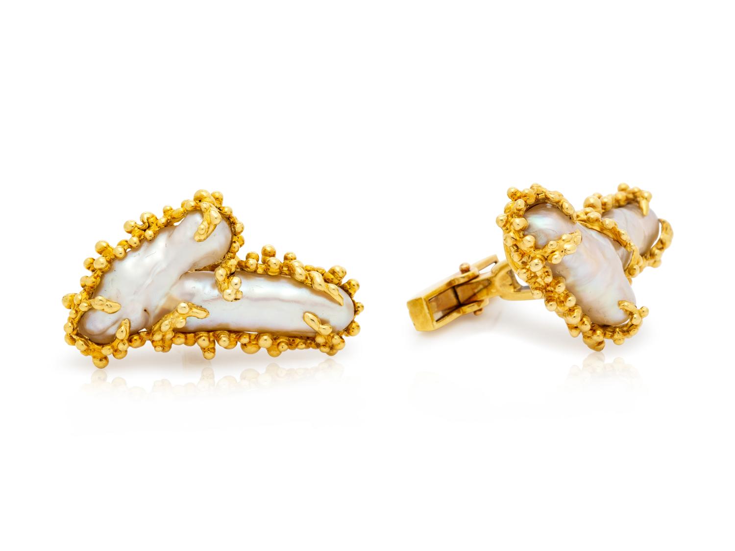 A Pair of 18 Karat Yellow Gold and Cultured Pearl Cufflinks, Barbara Anton,