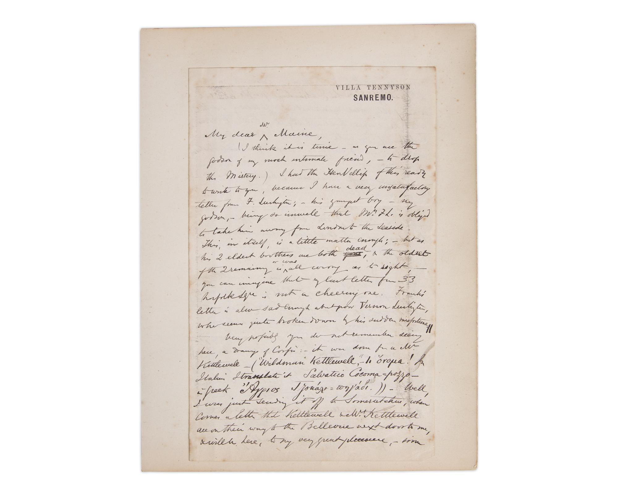 Lear, Edward Autograph letter, signed