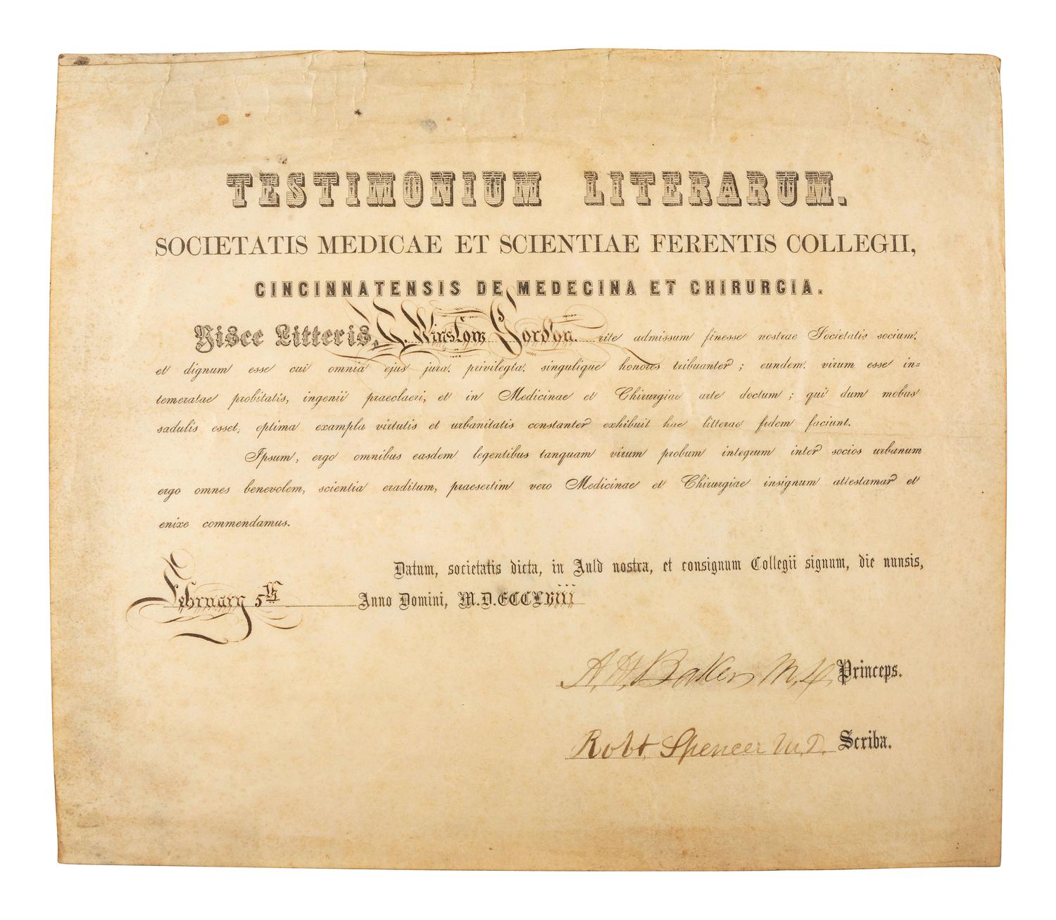 [CIVIL WAR]. Papers of Dr. Thomas Winslow Gordon (1819-1900), Brigade Surgeon and surgeon in the 97th Ohio Volunteer Infantry, incl. description of the "Siege of Cincinnati" and Western Theater engagements.
