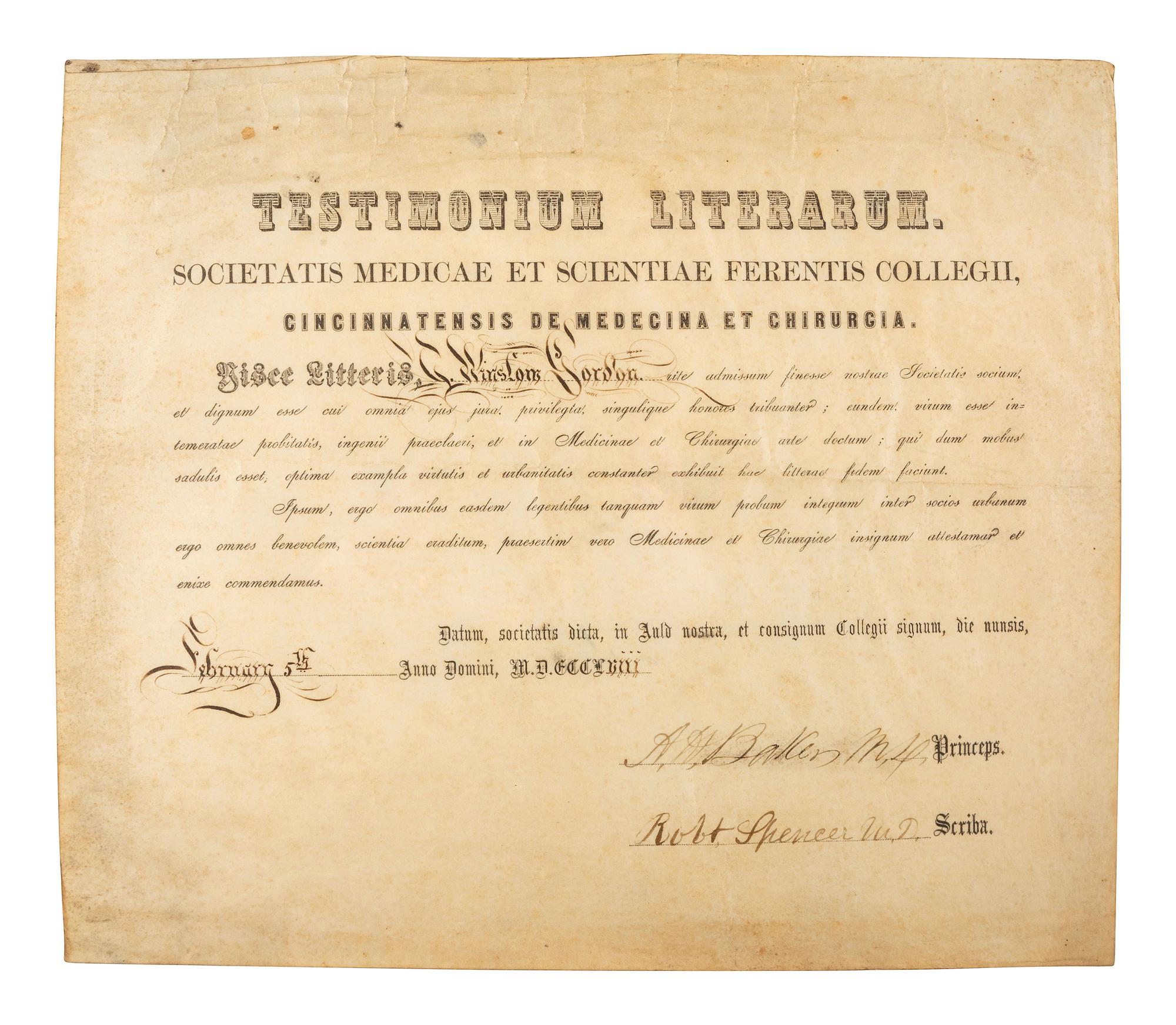 [CIVIL WAR]. Papers of Dr. Thomas Winslow Gordon (1819-1900), Brigade Surgeon and surgeon in the 97th Ohio Volunteer Infantry, incl. description of the "Siege of Cincinnati" and Western Theater engagements.